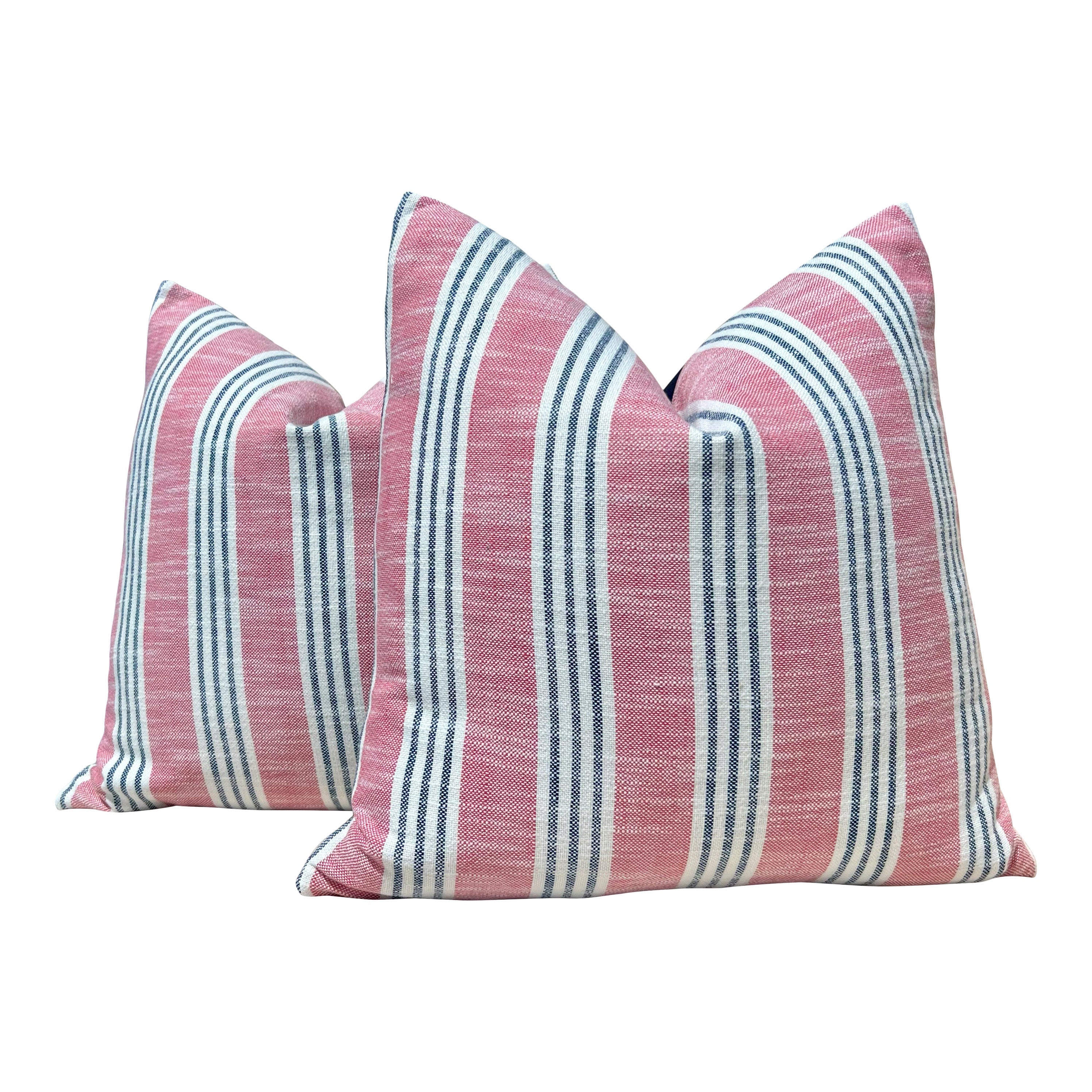 Thibaut Indoor/Outdoor Woven Southport Stripe Pillow in Peony and Navy. Outdoor Striped Pillow Cover Pink and Dark Blue Accent Lumbar