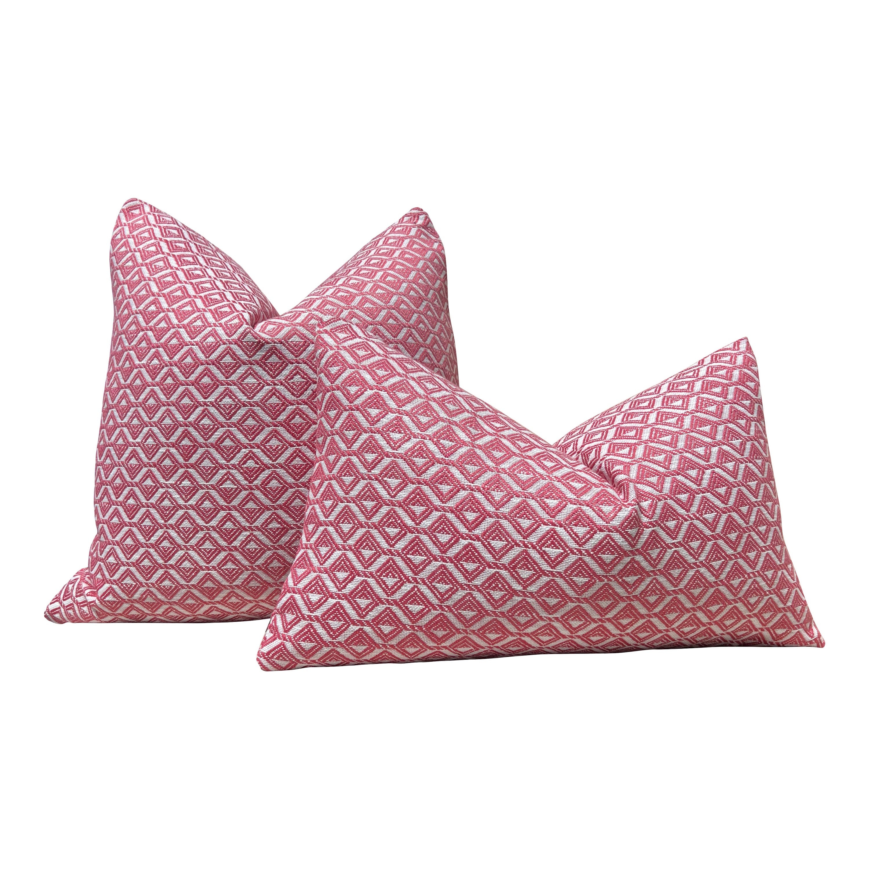 Outdoor Trion Woven Pillow in Peony. Thiabut Designer Patio Decorative Accent Cushion in Pink. Lumbar Chair Pillow Case in Pink and White