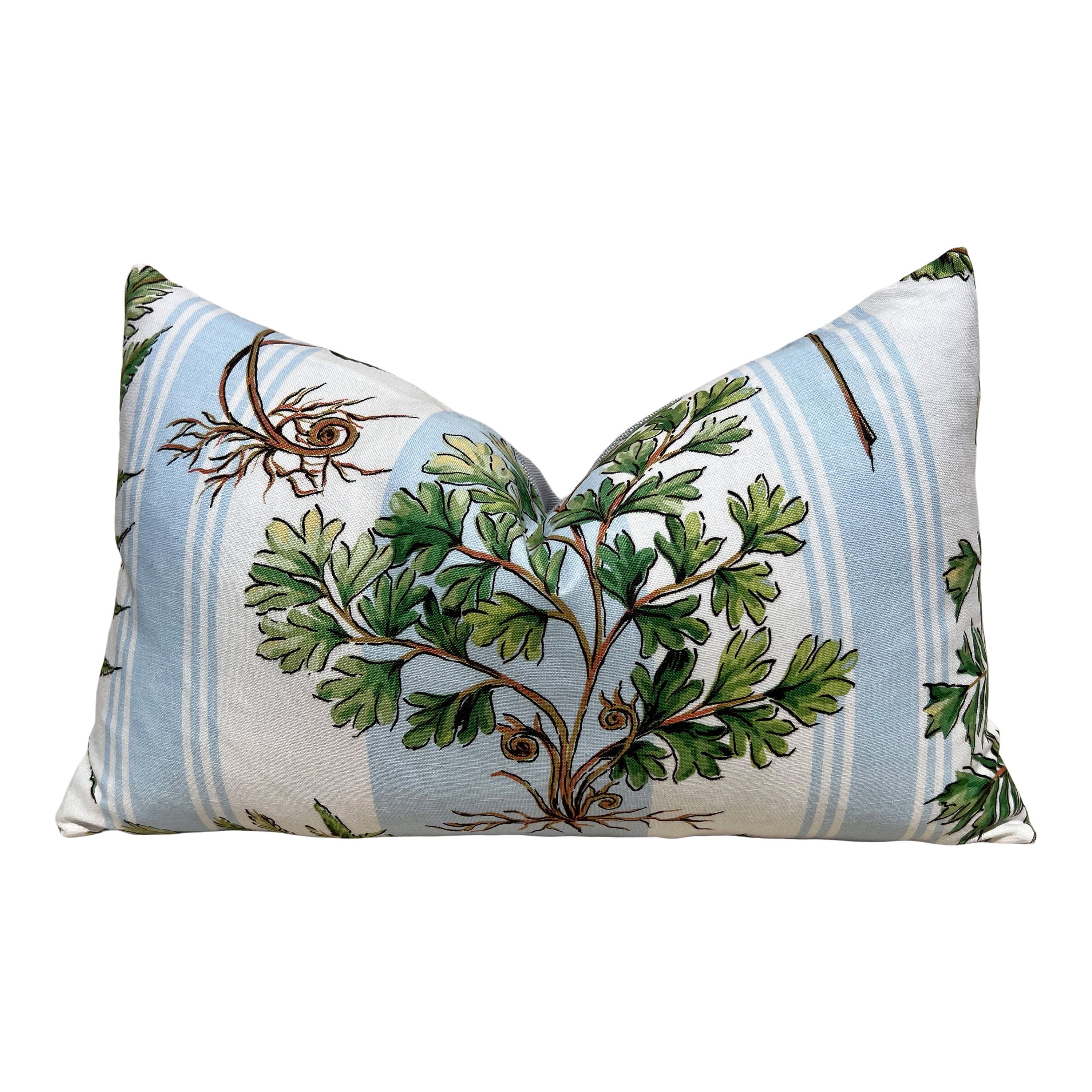 Designer Fern Pillow in Aqua Blue, Green and White. Lumbar Pillow in Light Blue Stripes, Euro Sham Cover, High End Accent Pillow Cover