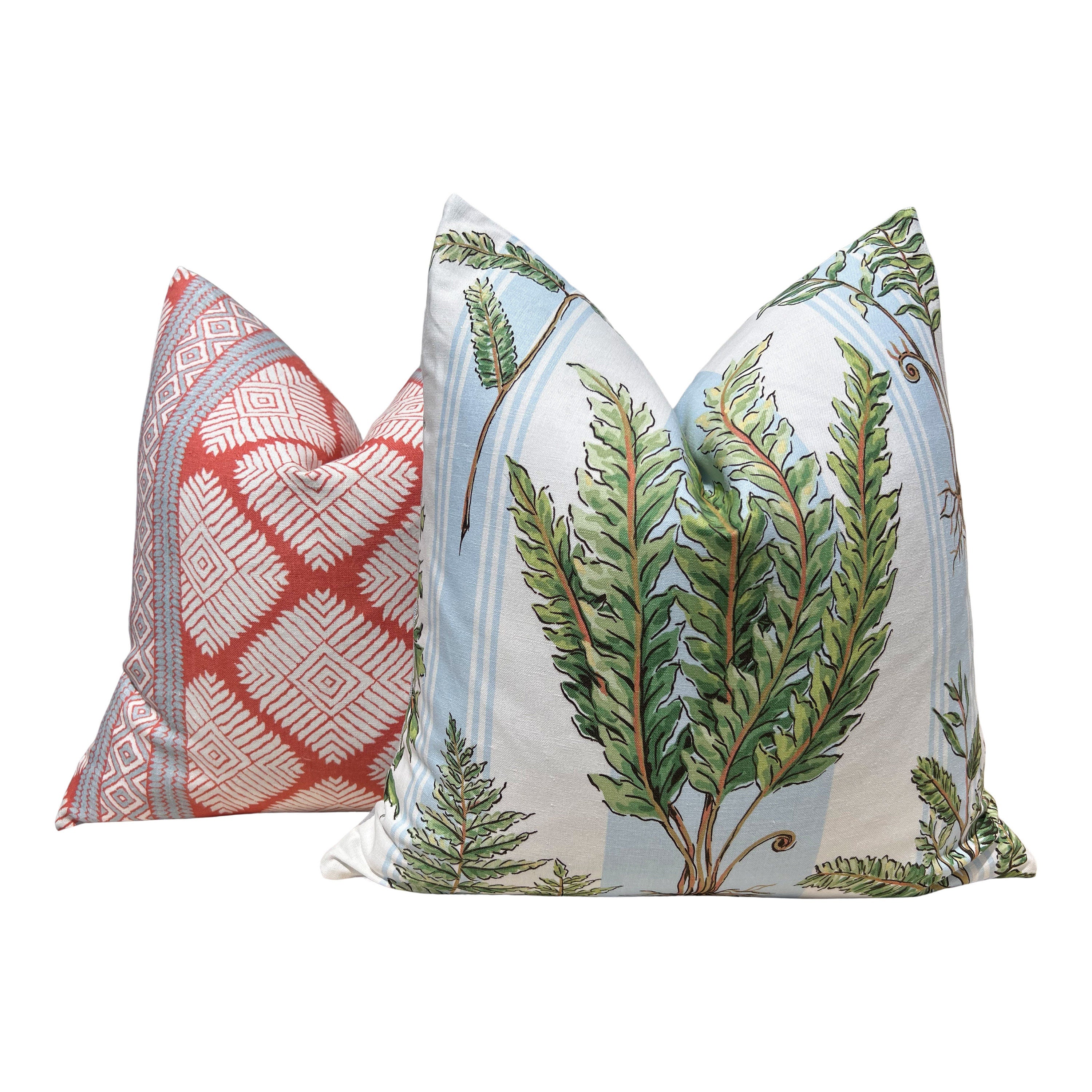 Designer Fern Pillow in Aqua Blue, Green and White. Lumbar Pillow in Light Blue Stripes, Euro Sham Cover, High End Accent Pillow Cover