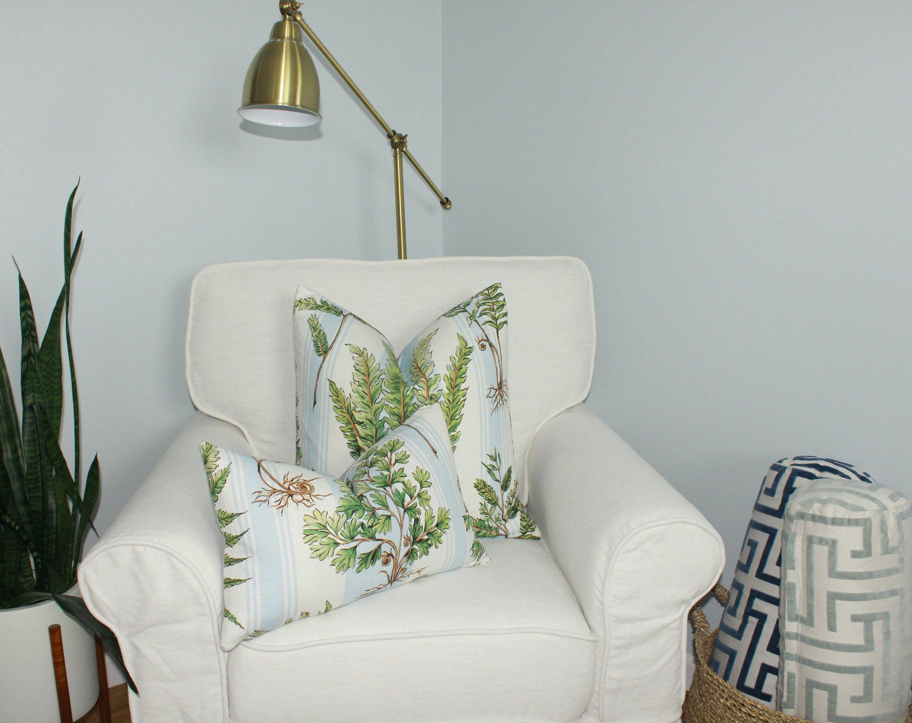 Designer Fern Pillow in Aqua Blue, Green and White. Lumbar Pillow in Light Blue Stripes, Euro Sham Cover, High End Accent Pillow Cover