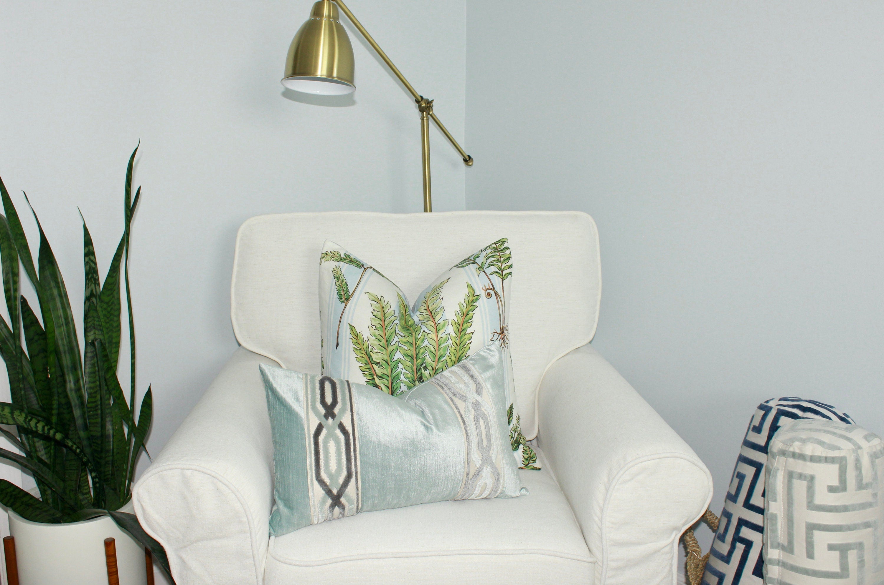 Designer Fern Pillow in Aqua Blue, Green and White. Lumbar Pillow in Light Blue Stripes, Euro Sham Cover, High End Accent Pillow Cover