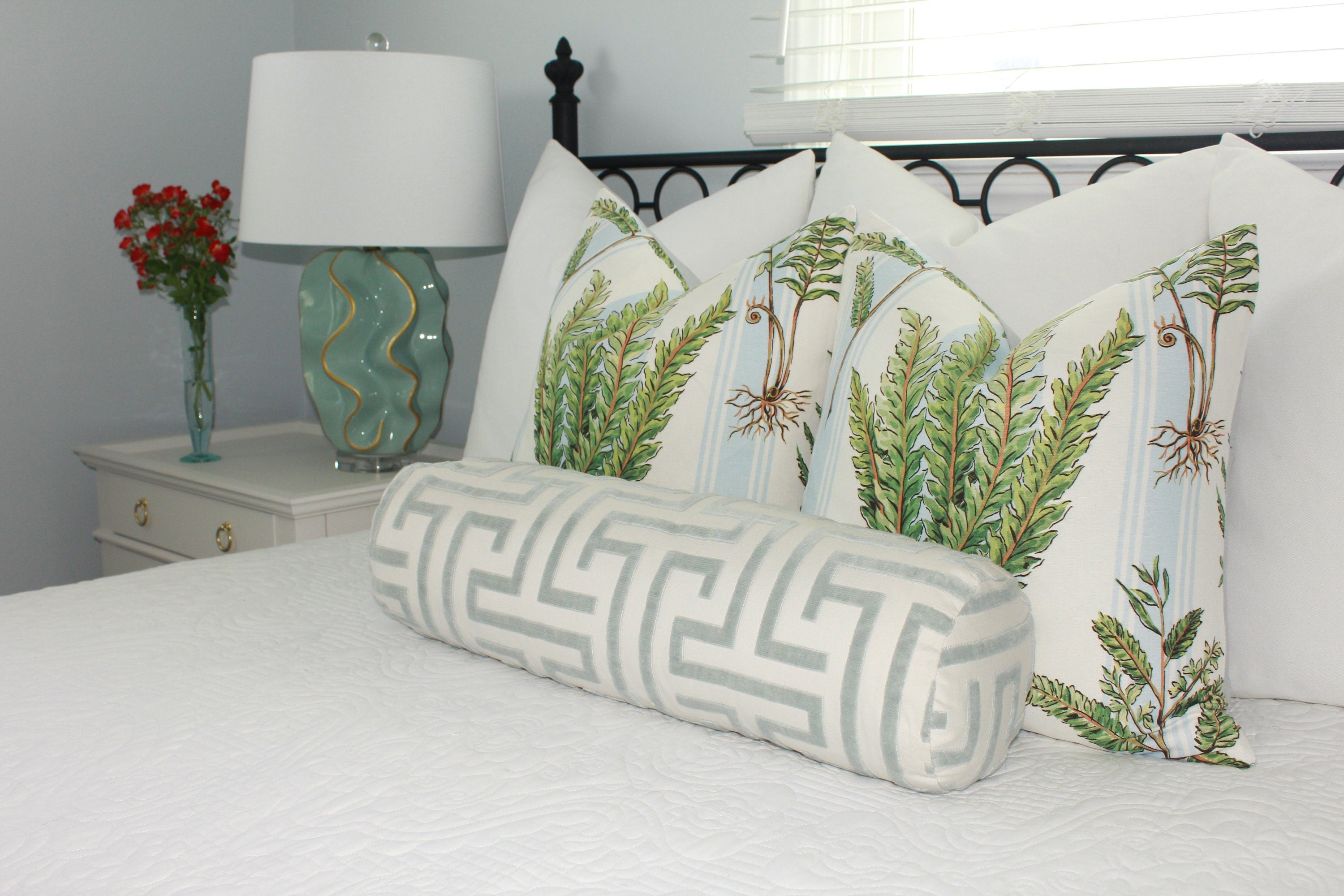 Designer Fern Pillow in Aqua Blue, Green and White. Lumbar Pillow in Light Blue Stripes, Euro Sham Cover, High End Accent Pillow Cover