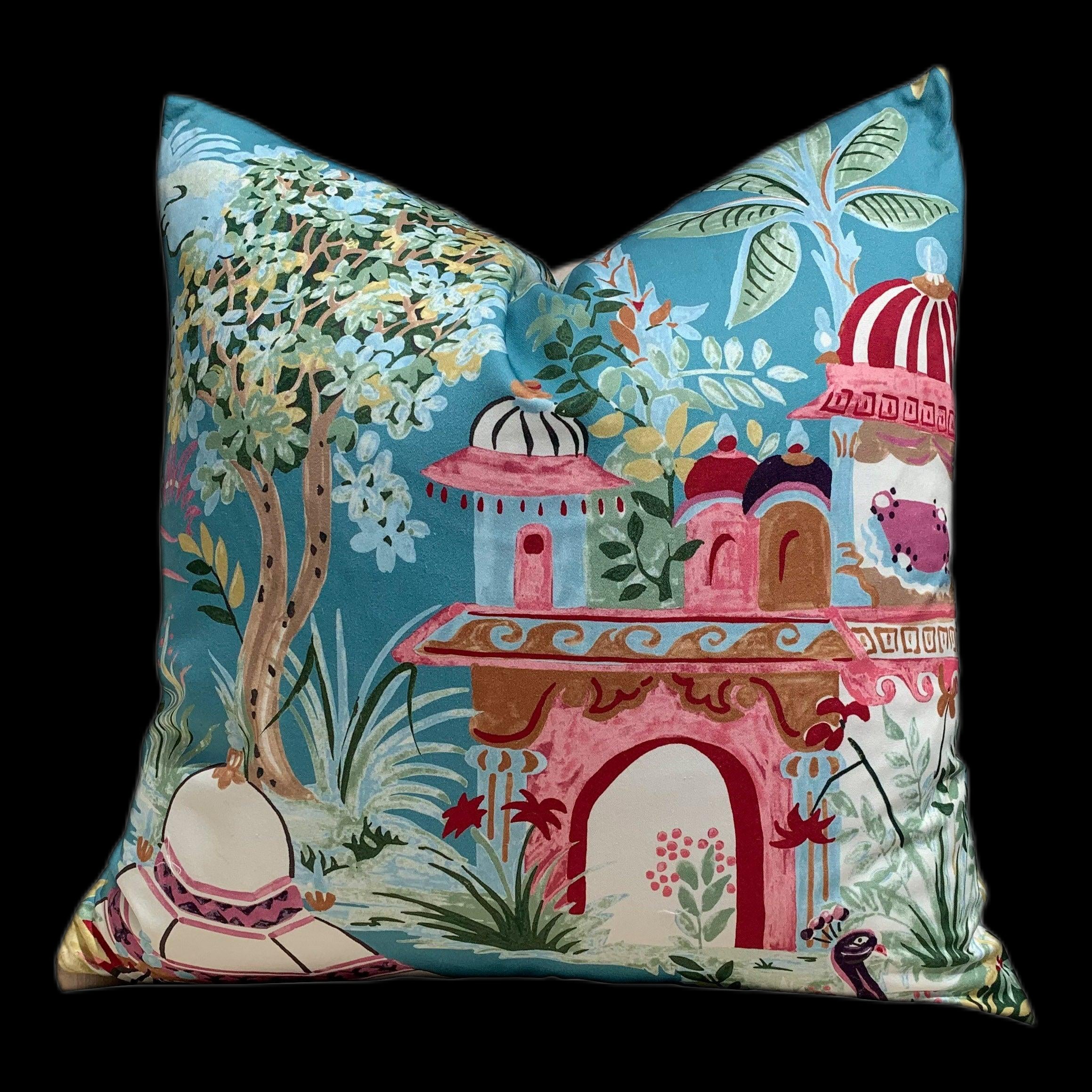 Mystic Garden Pillow Teal. Lumbar Cushion Cover, Turquoise Euro Sham, Designer Pillow in Pink and Teal, Accent Cushion, Eclectic Toss Pillow