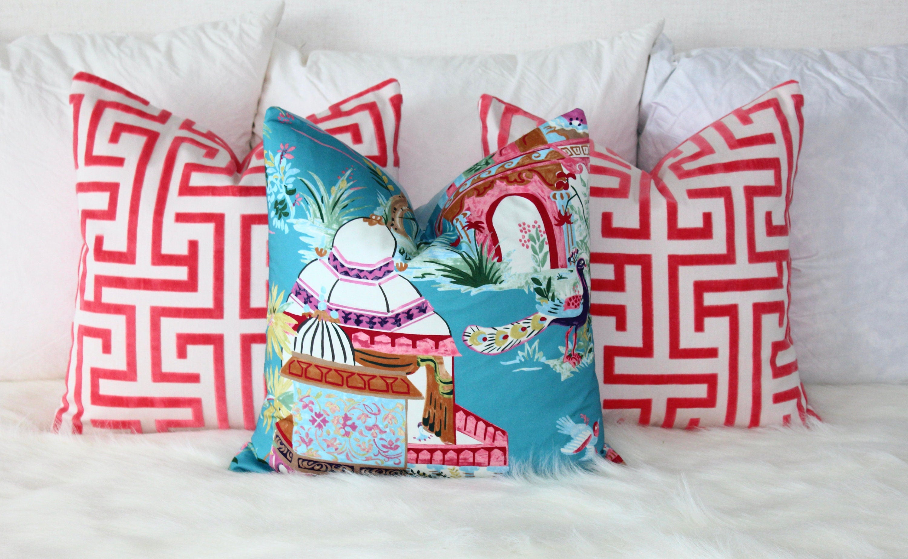 Mystic Garden Pillow Teal. Lumbar Cushion Cover, Turquoise Euro Sham, Designer Pillow in Pink and Teal, Accent Cushion, Eclectic Toss Pillow