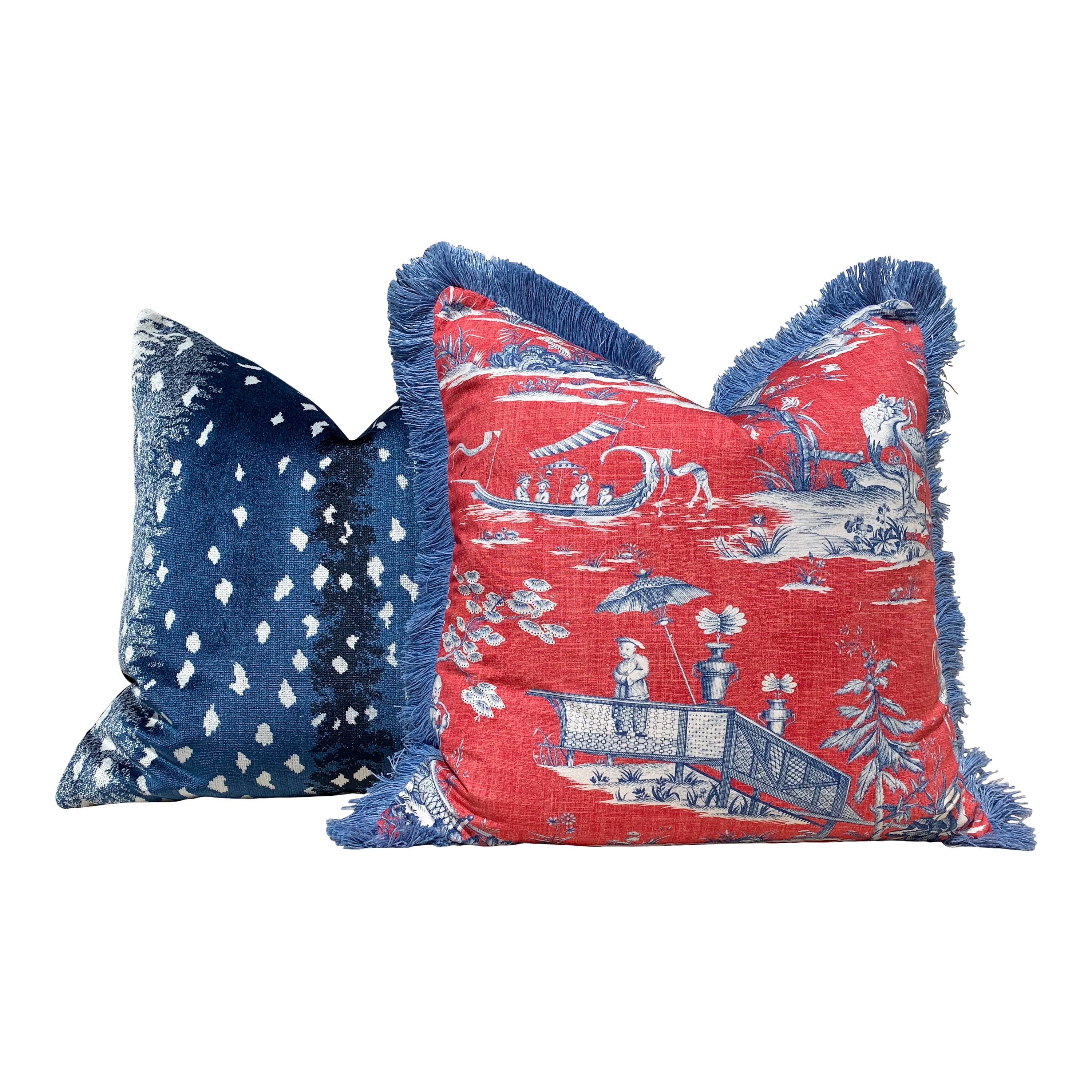 Cheng Toile Pillow Red Blue. Chinoiserie Decorative  Pillow Cover, Accent lumbar pillow, Pagoda Pillow, Tea House Throw Pillow Brush Trim