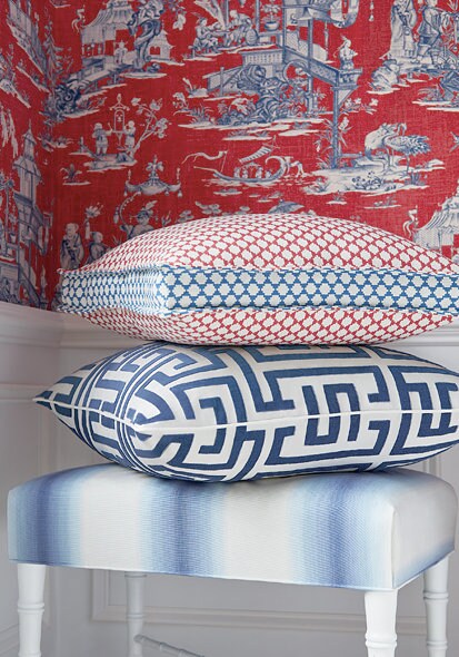 Cheng Toile Pillow Red Blue. Chinoiserie Decorative  Pillow Cover, Accent lumbar pillow, Pagoda Pillow, Tea House Throw Pillow Brush Trim