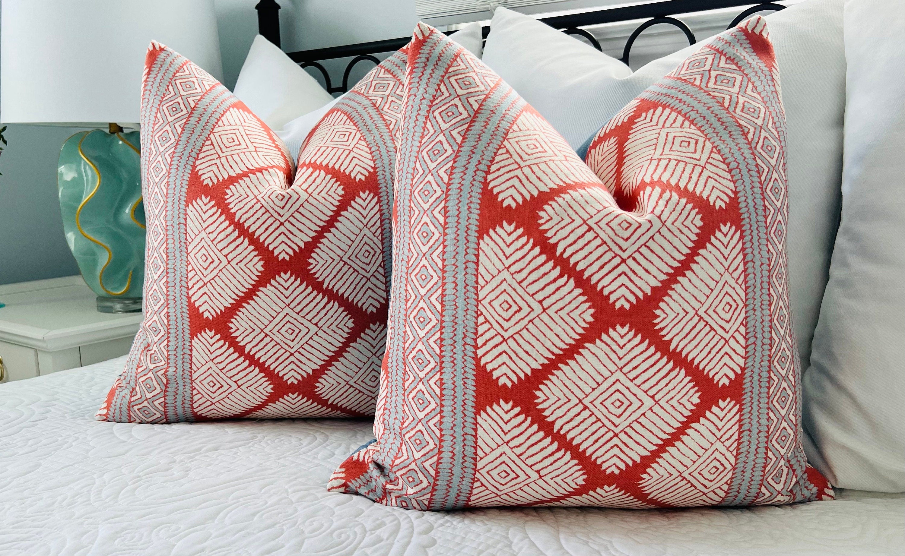 Thibaut Austin Striped  Pillow in Coral and Spa Blue. Lumbar Geometric Pillow Cover, Euro Sham Covers in Red and Blue, Designer Pillows