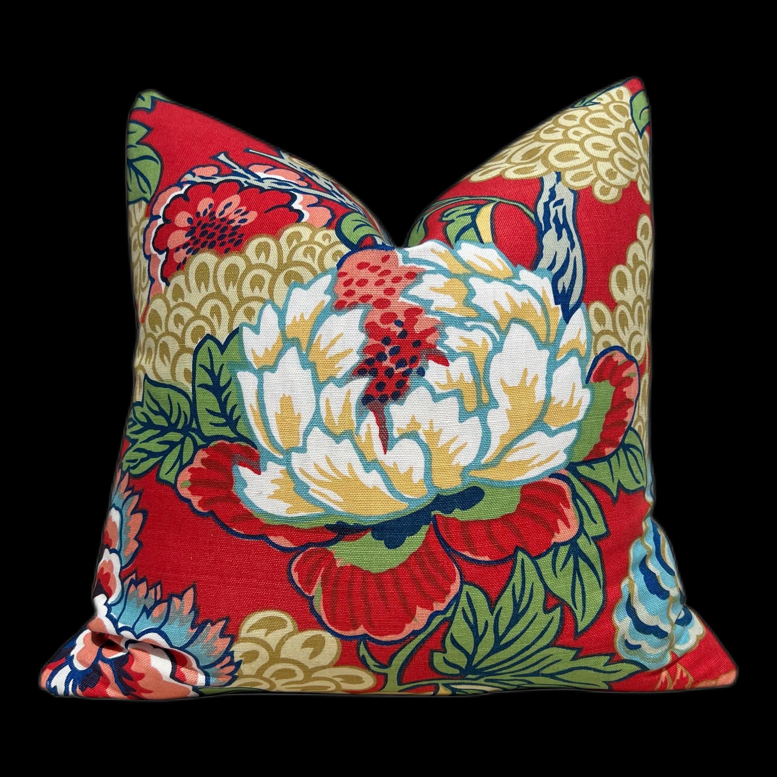 Thibaut Honshu Pillow in Coral. Chinoiserie PillowCover, Lumbar Red Green Pillow, Euro Sham Pillow, Floral Bedding Pillow Decor