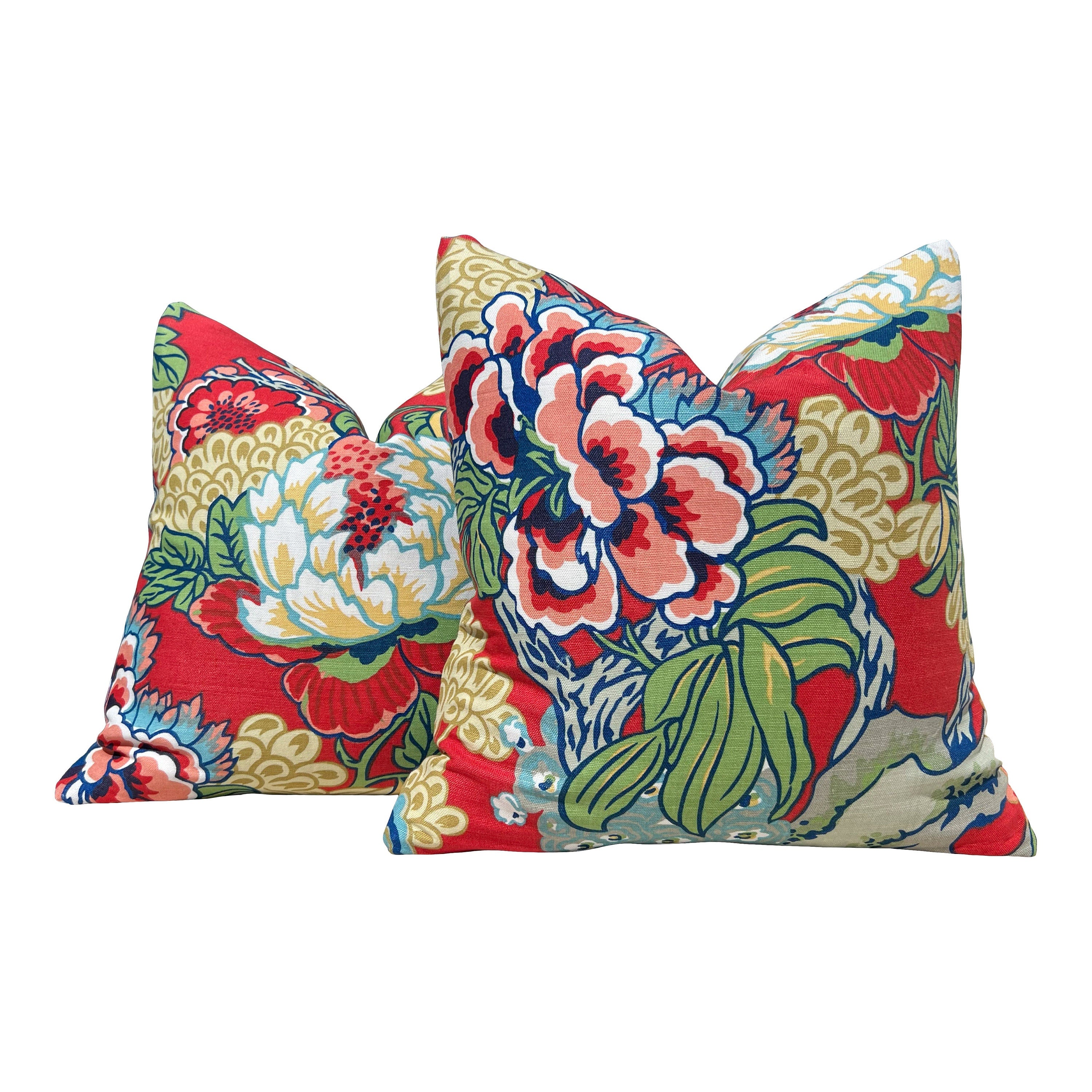 Thibaut Honshu Pillow in Coral. Chinoiserie PillowCover, Lumbar Red Green Pillow, Euro Sham Pillow, Floral Bedding Pillow Decor