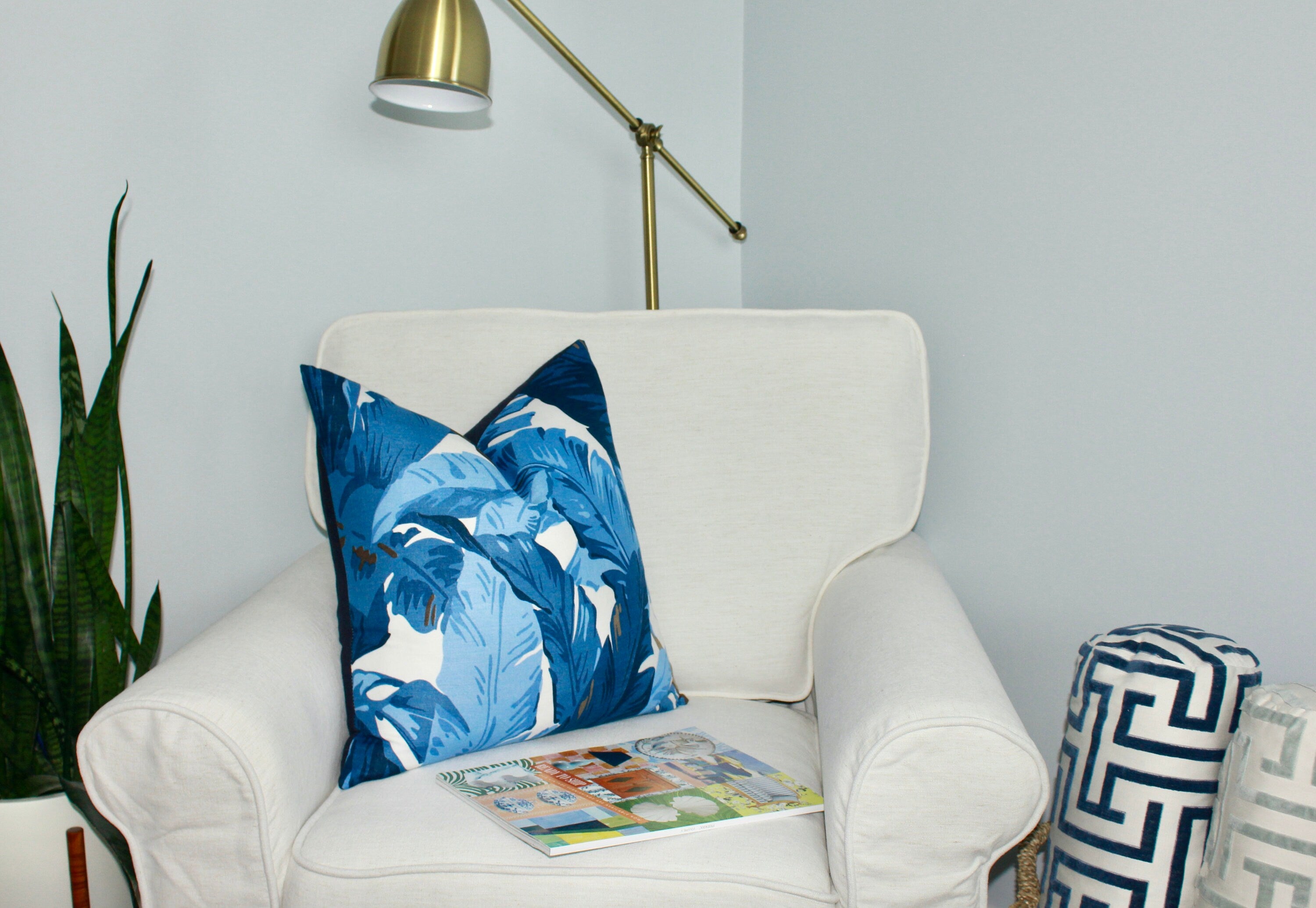 Thibaut Travelers Palm Pillow in Blue and White. Designer Pillows, Palm Leaf Cushion, High End Pillow Cover, Blue and White Pillow