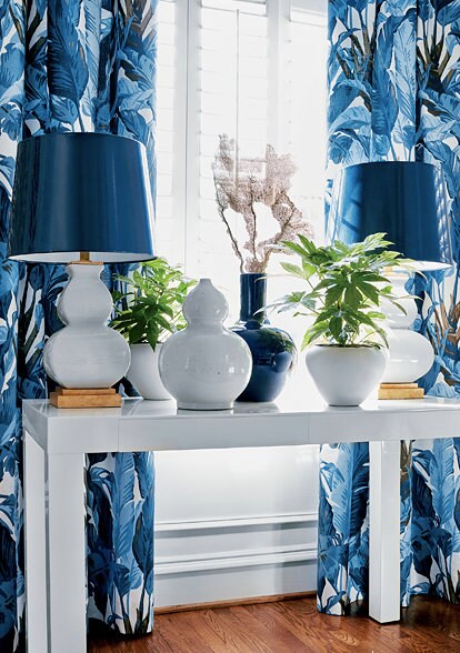 Thibaut Travelers Palm Pillow in Blue and White. Designer Pillows, Palm Leaf Cushion, High End Pillow Cover, Blue and White Pillow