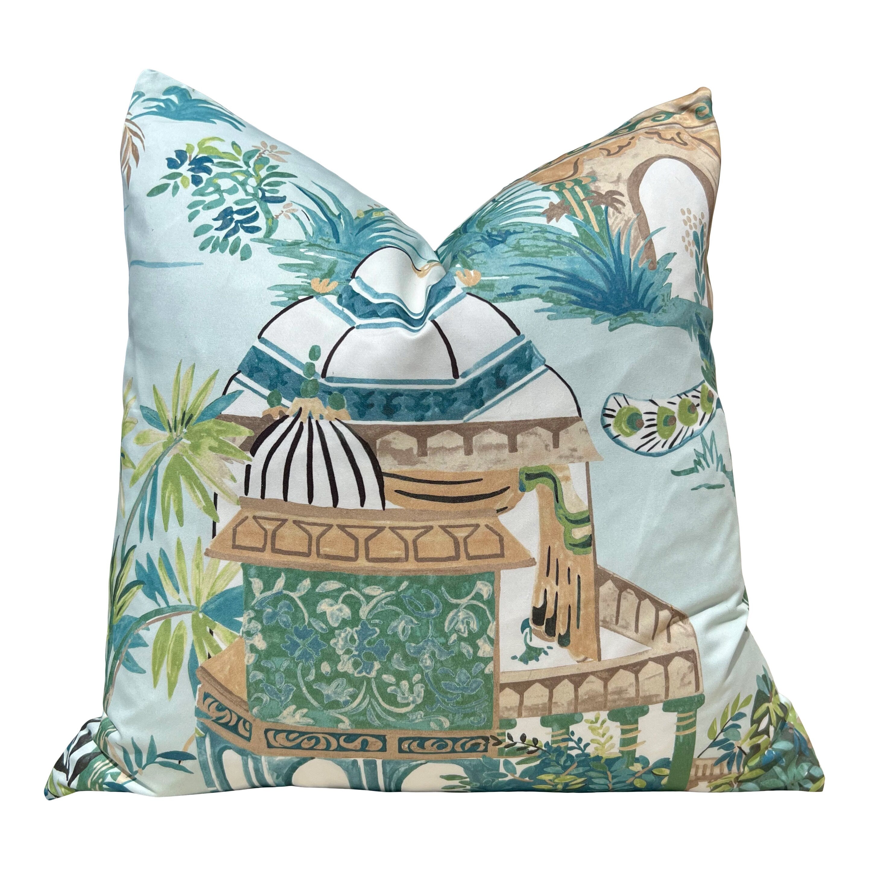 Mystic Garden Decorative Pillow Teal, Aqua, Tan. Aqua Green Accent  Lumbar Pillow Case, Euro Sham Designer Pillow Case Cushion Slipcover