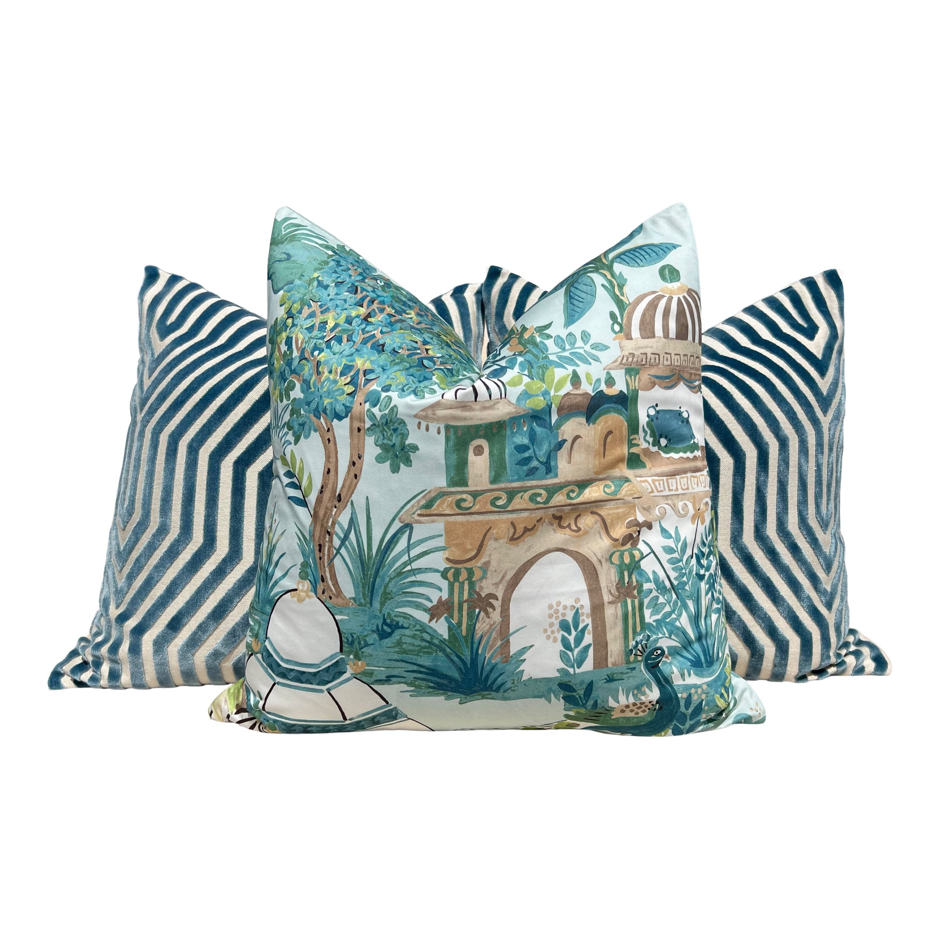 Mystic Garden Decorative Pillow Teal, Aqua, Tan. Aqua Green Accent  Lumbar Pillow Case, Euro Sham Designer Pillow Case Cushion Slipcover