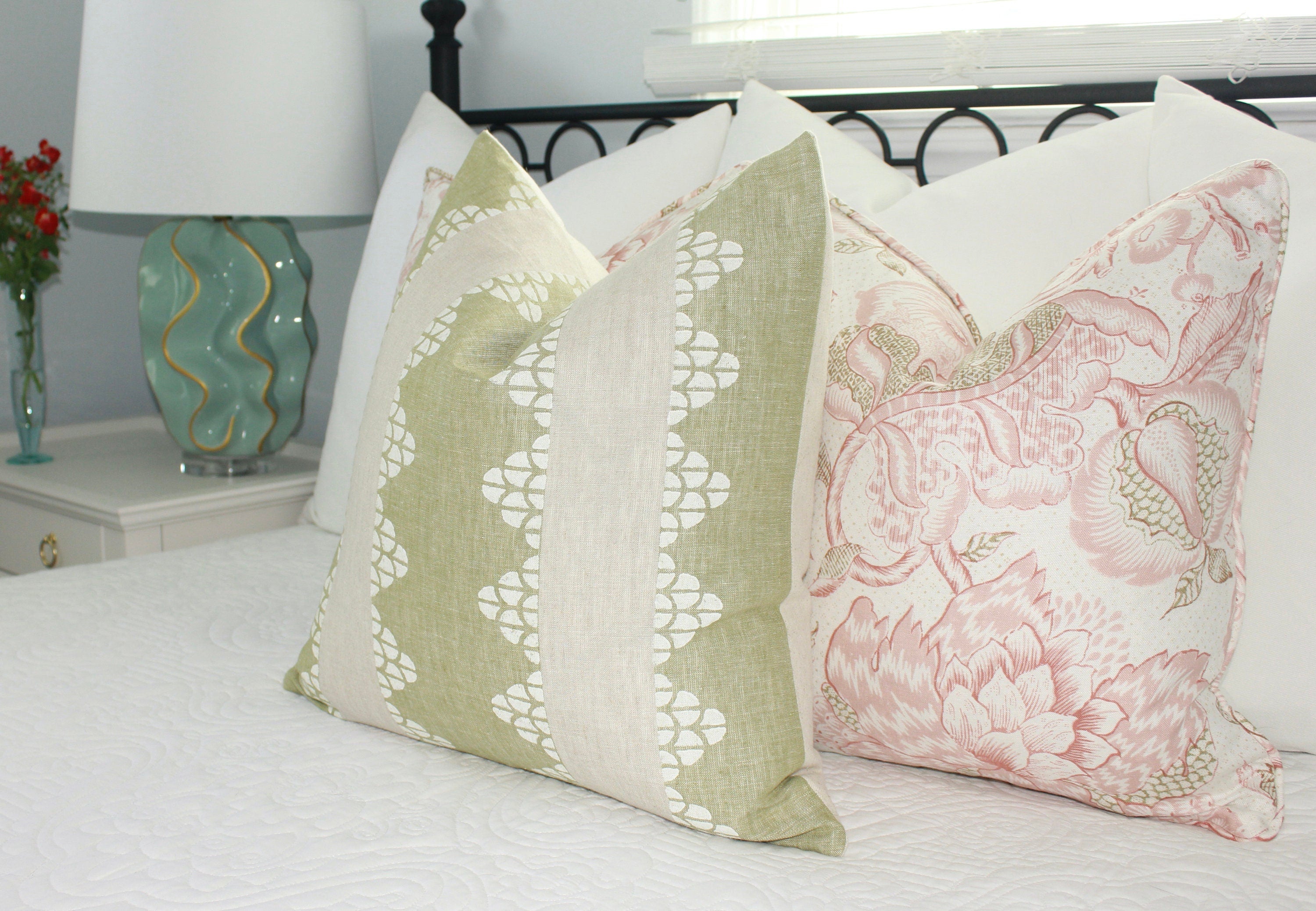 Thibaut Westmont Floral Pillow in Blush. Designer Pillows // Floral Pillows in Pink and Green // High End Linen Pillows // Euro Sham Cover