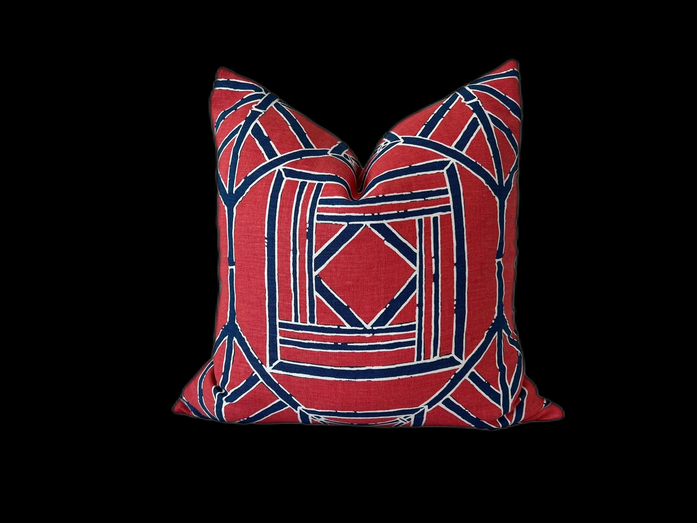 Shoji Panel Pillow in Raspberry and Blue. Geometric Accent Designers Pillow Cover in Red Bamboo Chinoiserie Lumbar Cushion Euro Sham