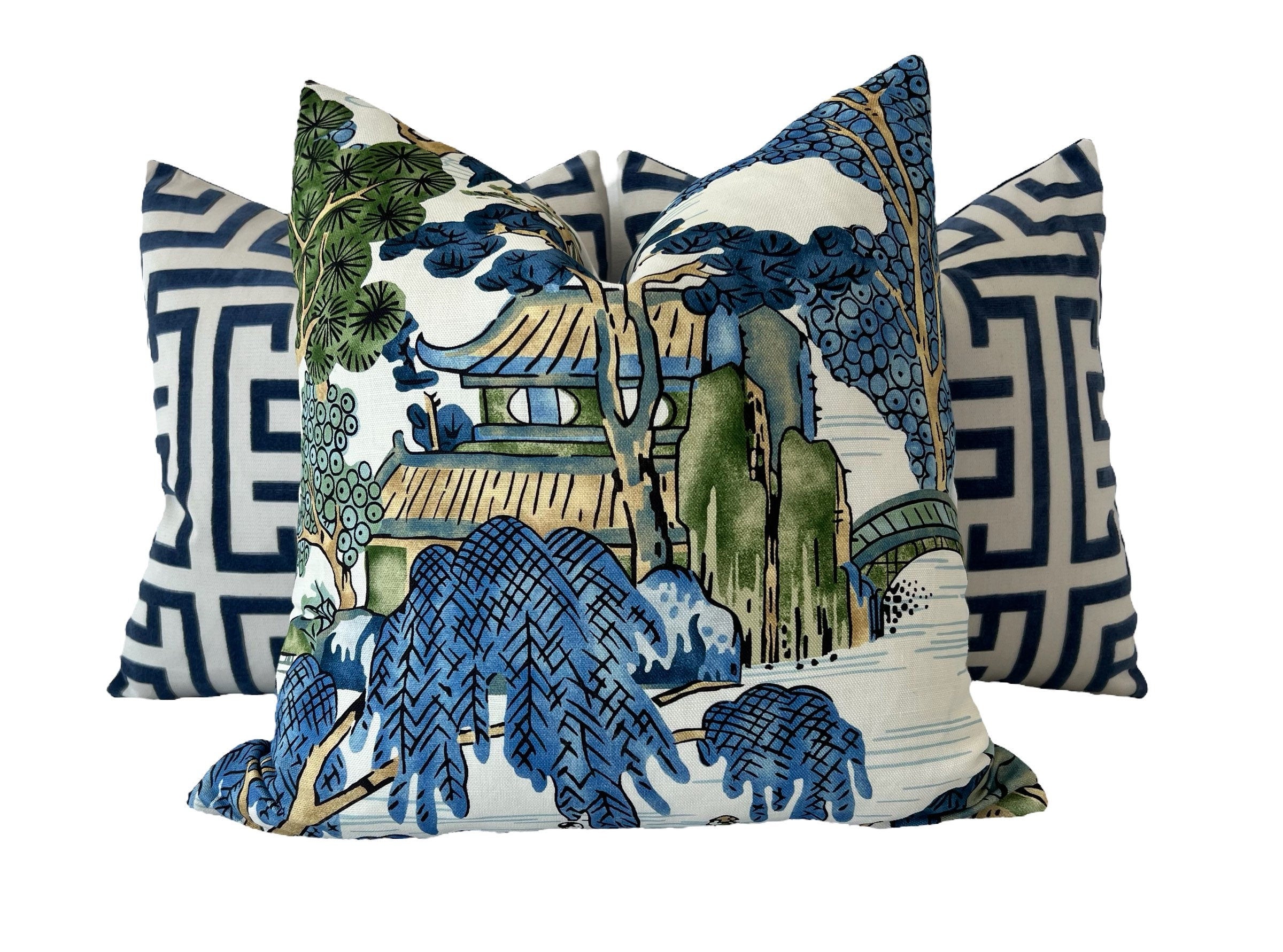 Ming Trail Pillow Ocean Blue. Lumbar Pillow, Chinoiserie Pillow, Blue and White Pillows, Velvet Bolster, Trellis Blue Pillow, Greek Key maze