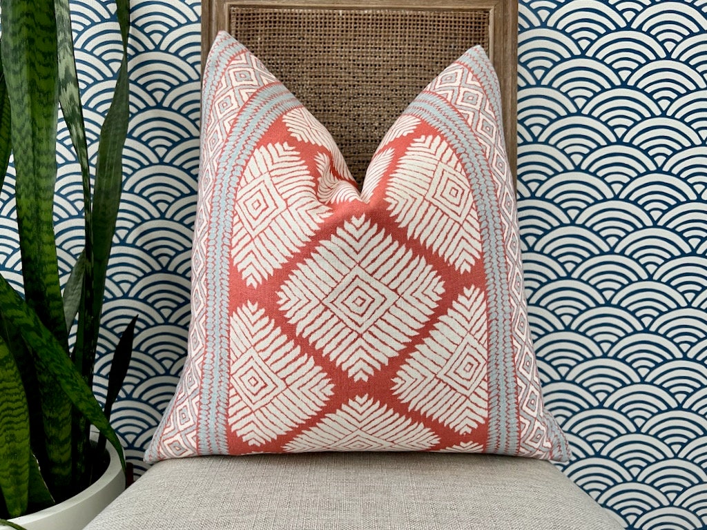 Thibaut Austin Striped  Pillow in Coral and Spa Blue. Lumbar Geometric Pillow Cover, Euro Sham Covers in Red and Blue, Designer Pillows