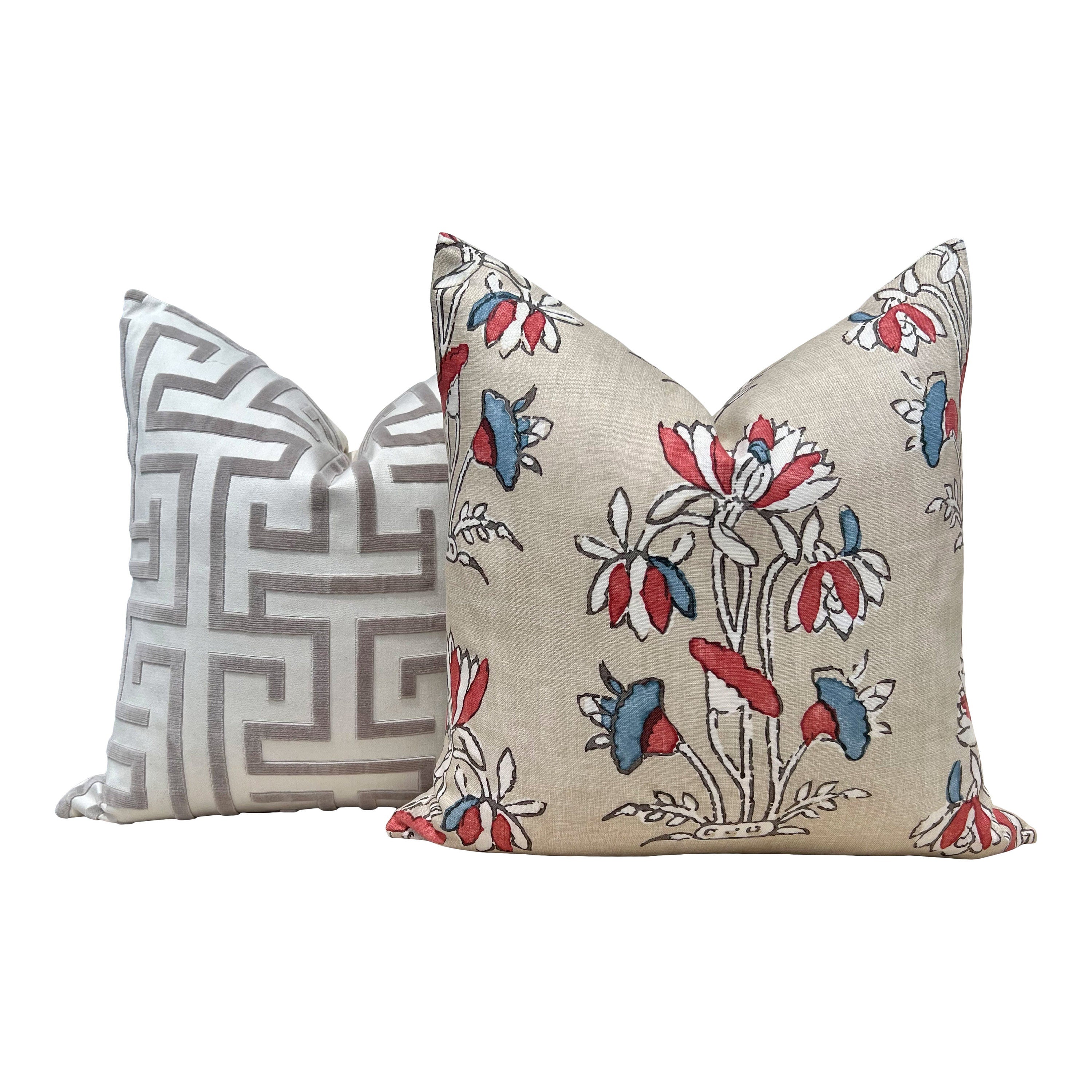 Designer Floral Pillow in Blue Red and Tan. Thibaut Classic Floral Decorative Cushion Cover in Beige, Euro Sham Pillow Case Bedroom Decor