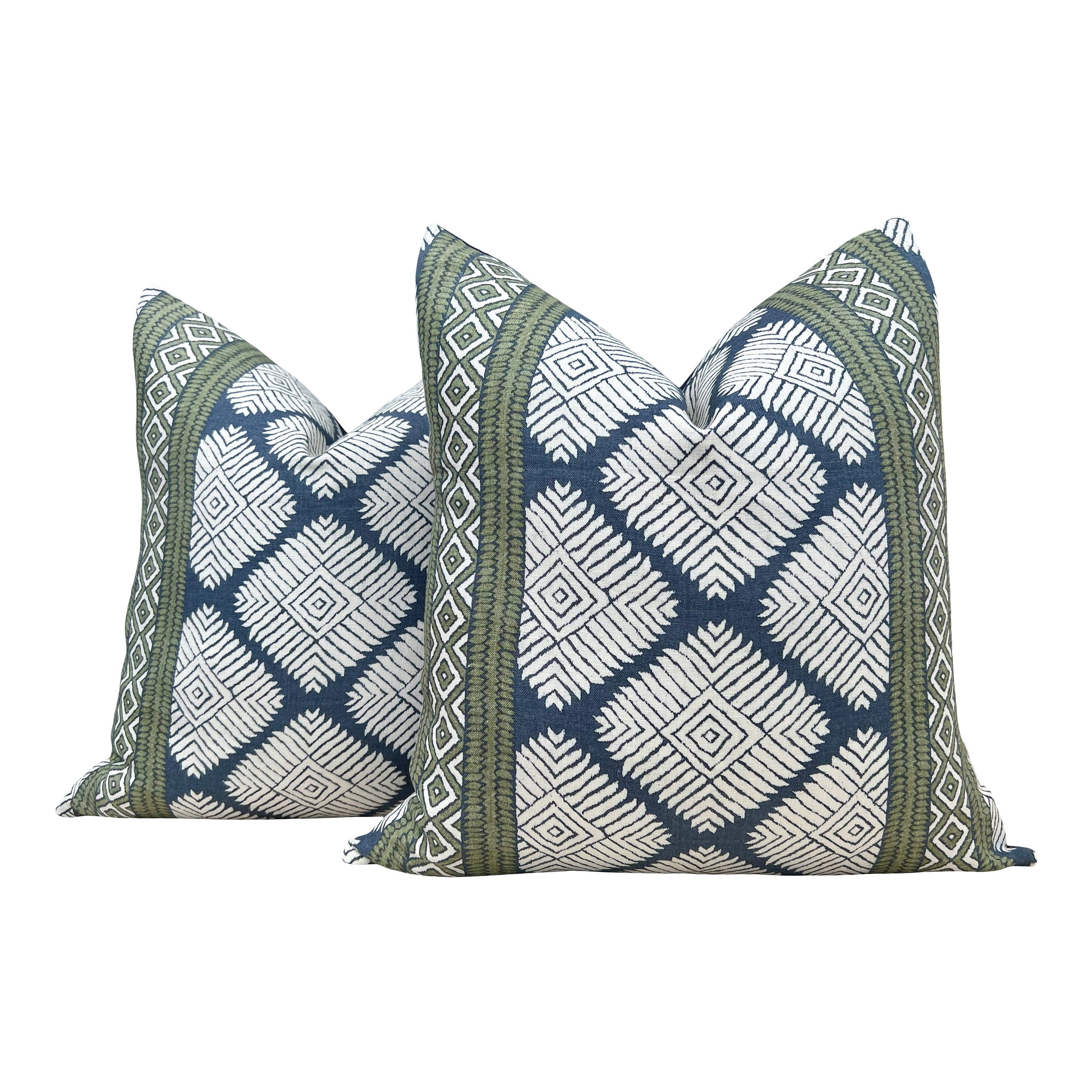 Striped Pillow in Navy Blue and Green. Designer Decorative Coastal Pillow Cover in Green and Blue, Geometric Diamond Accent Pillow Cover