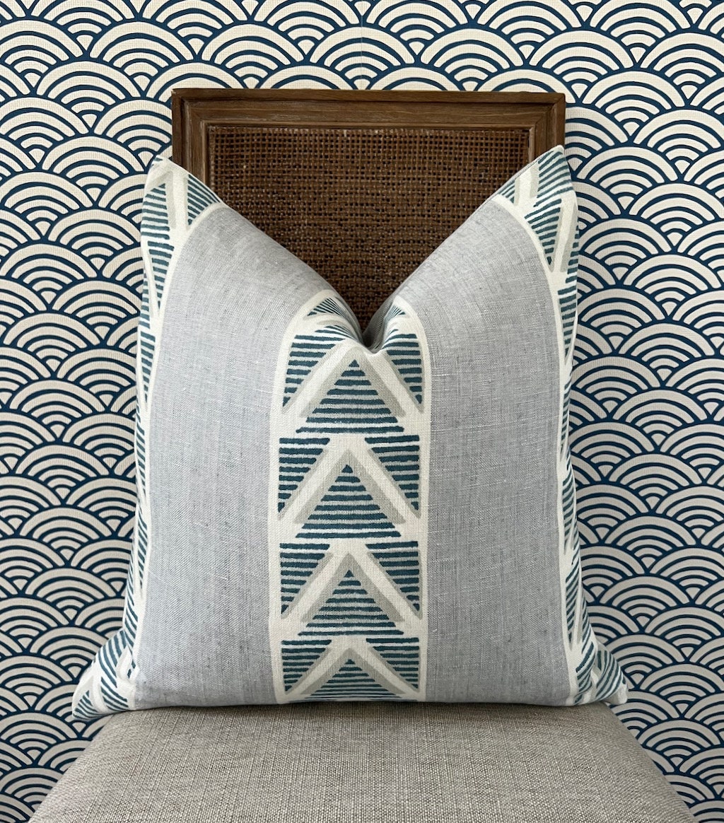 Anna French Burton Stripe Pillow in Light Blue. Designer Pillows, Accent Sky Blue Striped Pillow Cover, High End Chevron Pillow in Blue