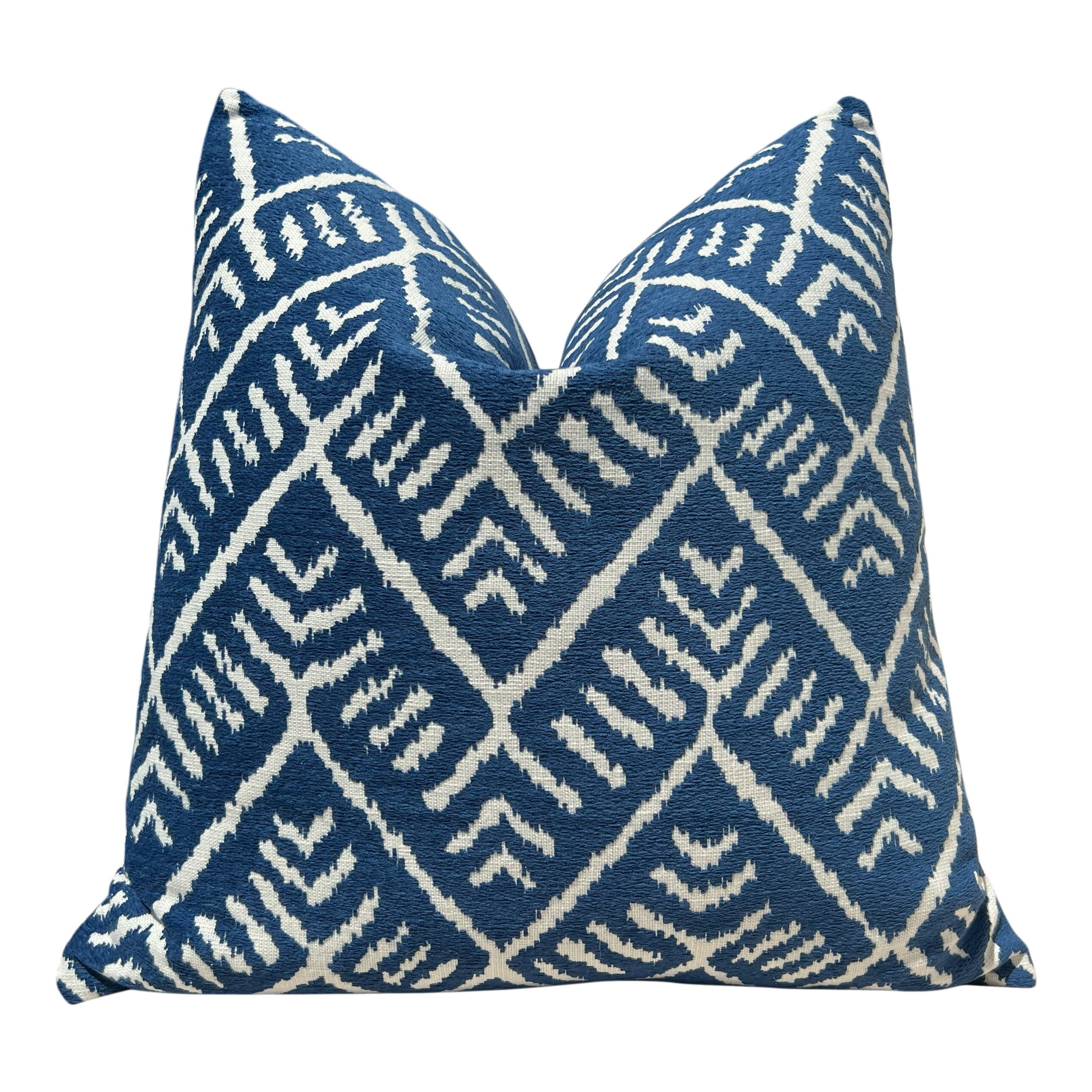 Outdoor Tahoe Geometric Pillow in Denim. Zig Zag Blue Decorative Pillow Cover, Designers Chevron Outdoor Lumbar Pillow in Blue and White,