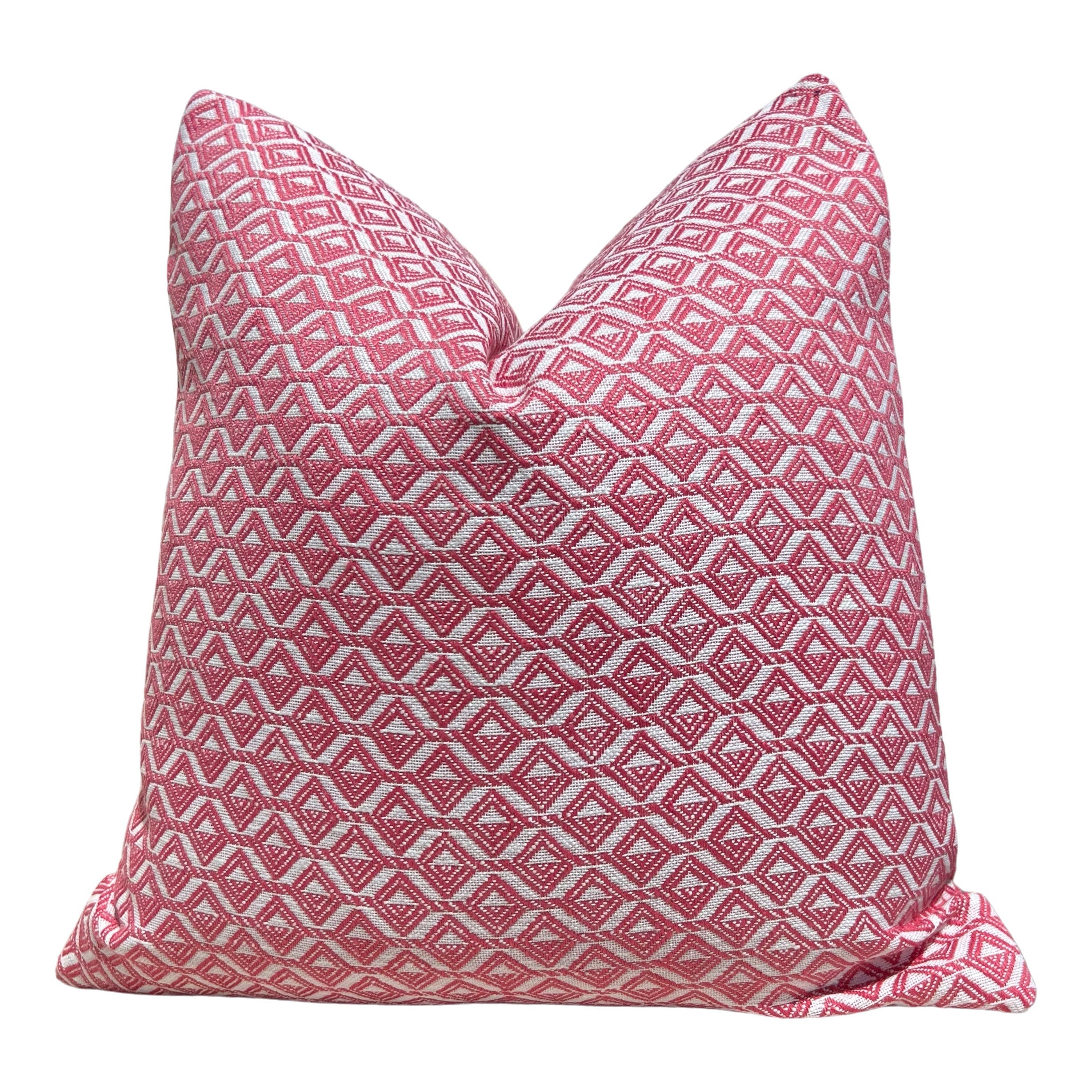 Outdoor Trion Woven Pillow in Peony. Thiabut Designer Patio Decorative Accent Cushion in Pink. Lumbar Chair Pillow Case in Pink and White