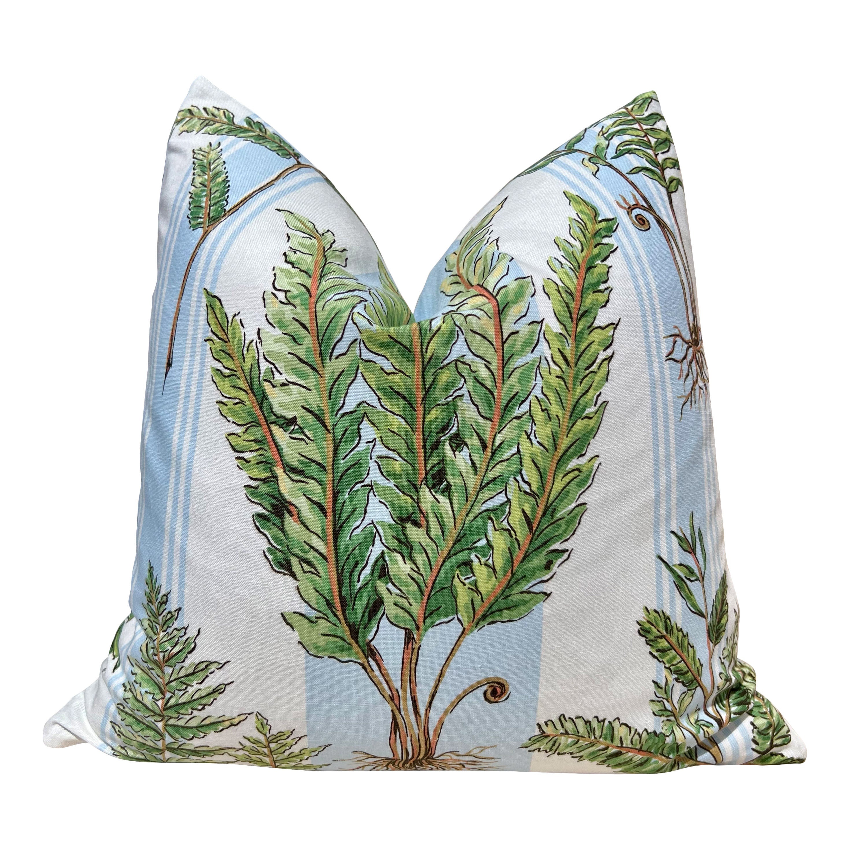 Designer Fern Pillow in Aqua Blue, Green and White. Lumbar Pillow in Light Blue Stripes, Euro Sham Cover, High End Accent Pillow Cover
