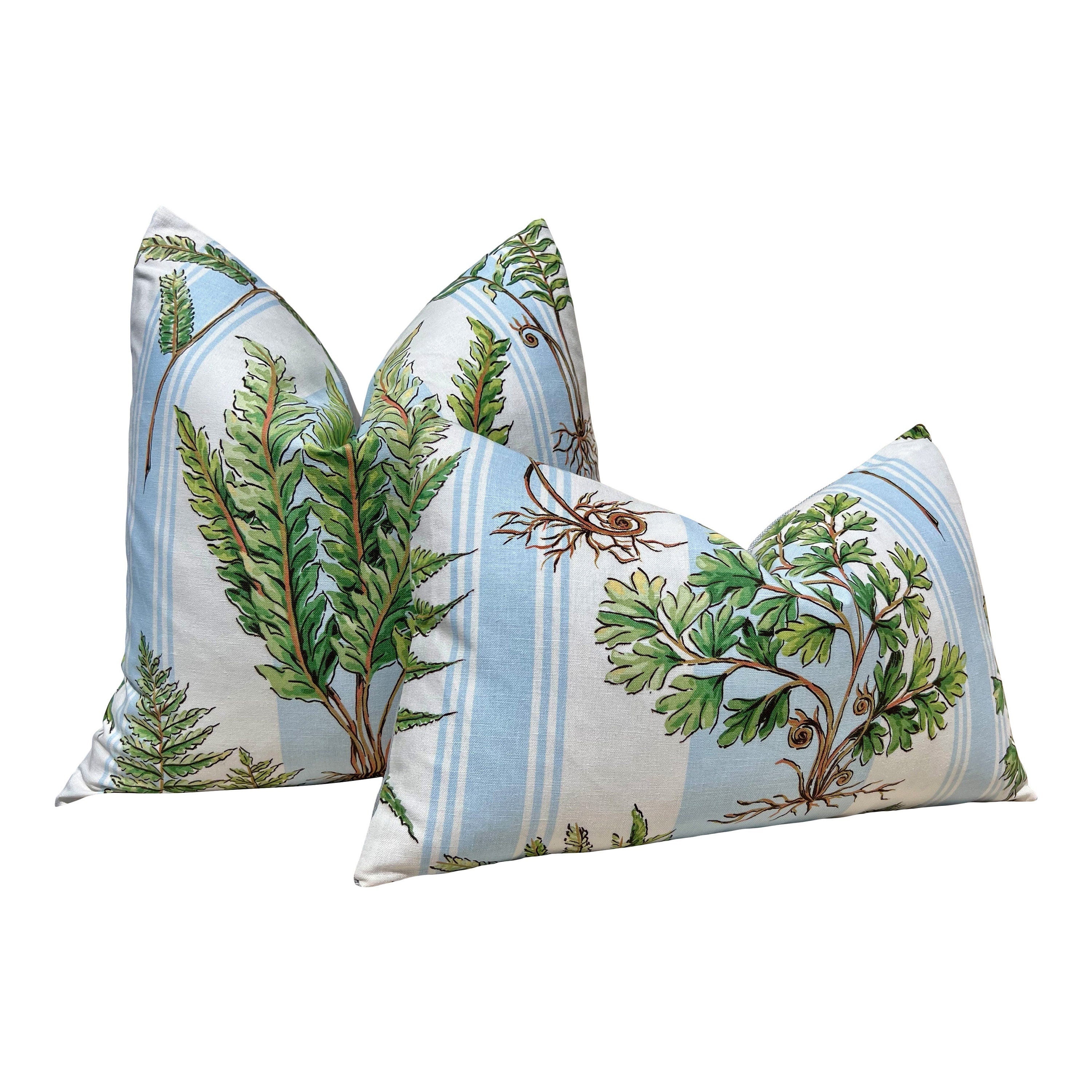 Designer Fern Pillow in Aqua Blue, Green and White. Lumbar Pillow in Light Blue Stripes, Euro Sham Cover, High End Accent Pillow Cover