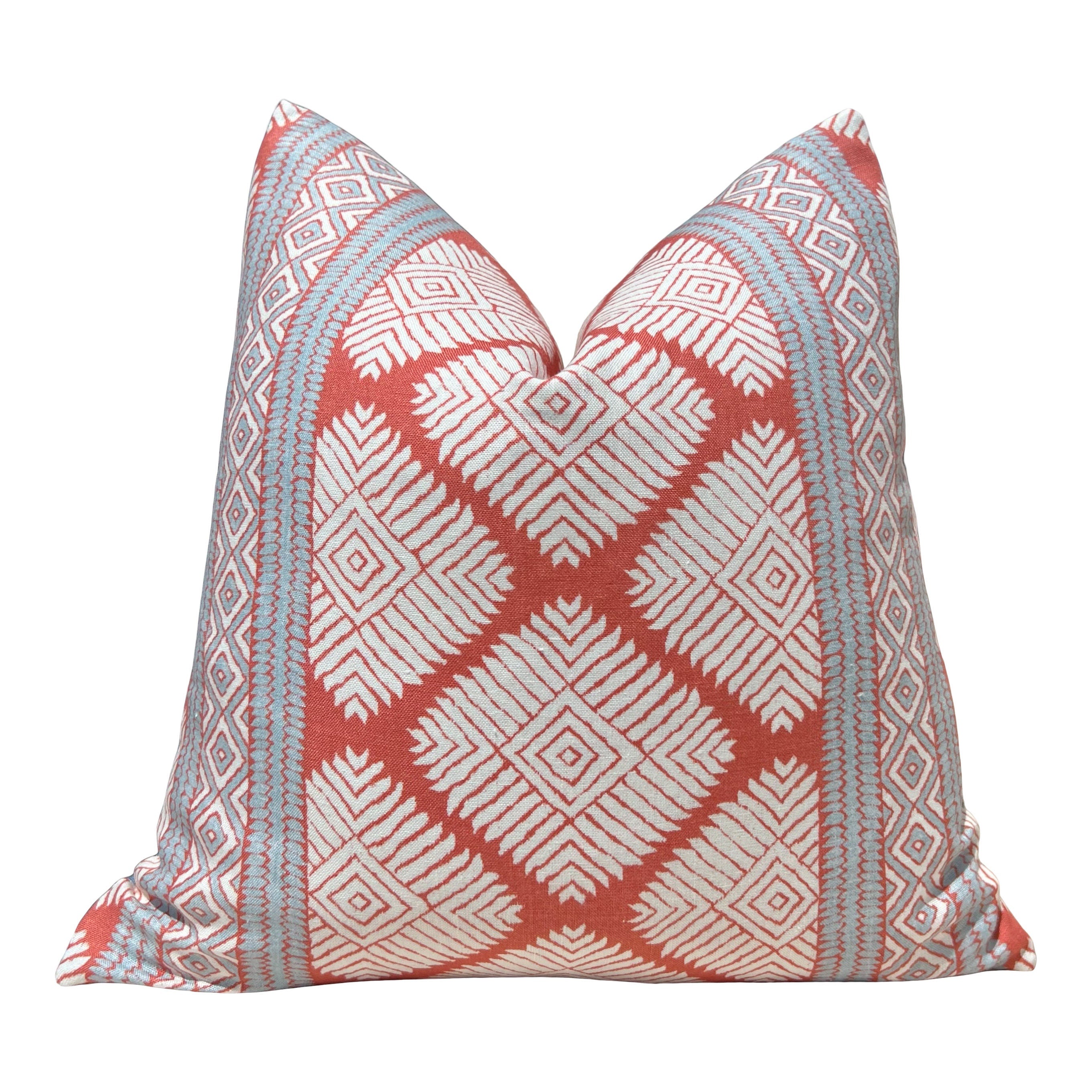 Thibaut Austin Striped  Pillow in Coral and Spa Blue. Lumbar Geometric Pillow Cover, Euro Sham Covers in Red and Blue, Designer Pillows