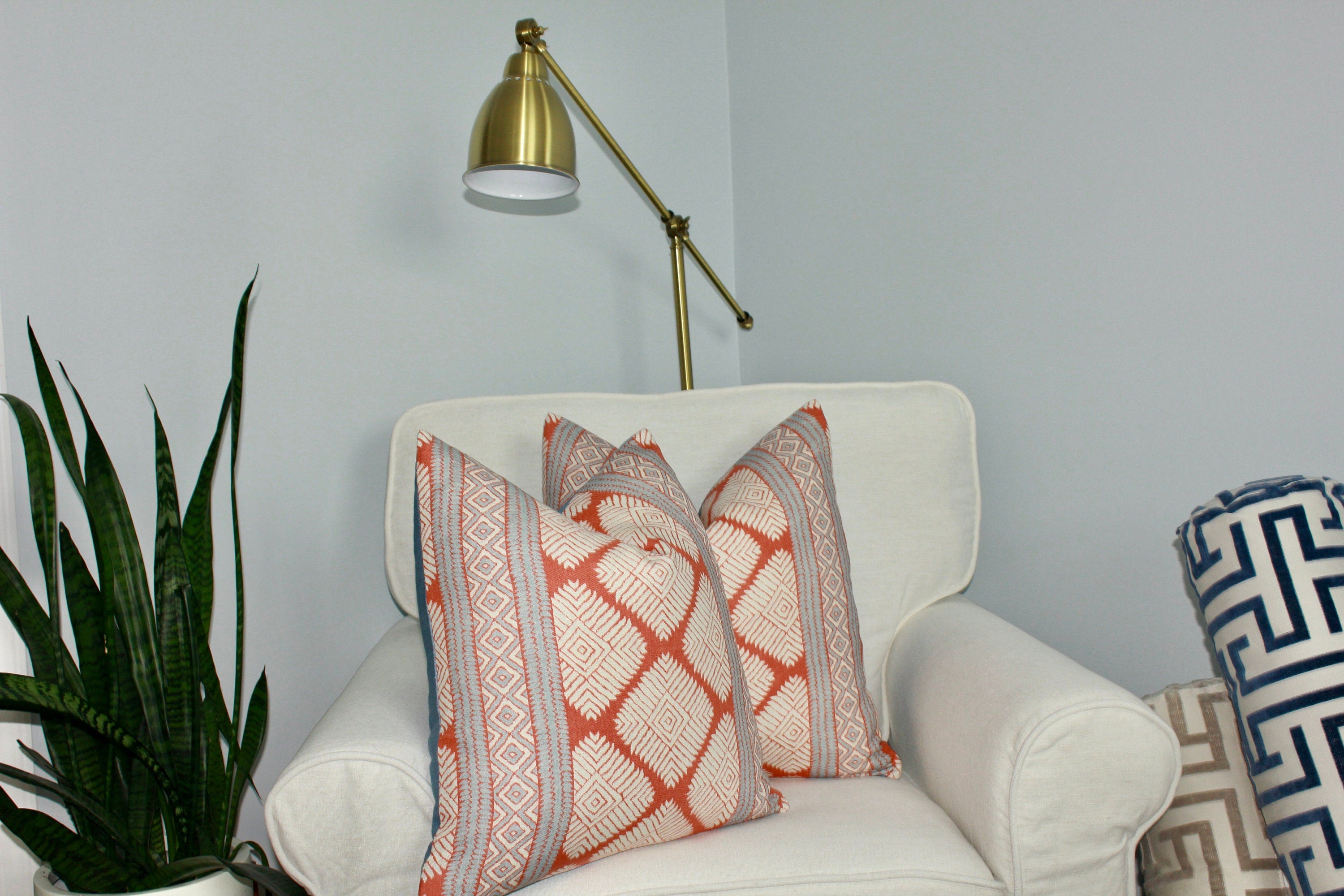 Thibaut Austin Striped  Pillow in Coral and Spa Blue. Lumbar Geometric Pillow Cover, Euro Sham Covers in Red and Blue, Designer Pillows