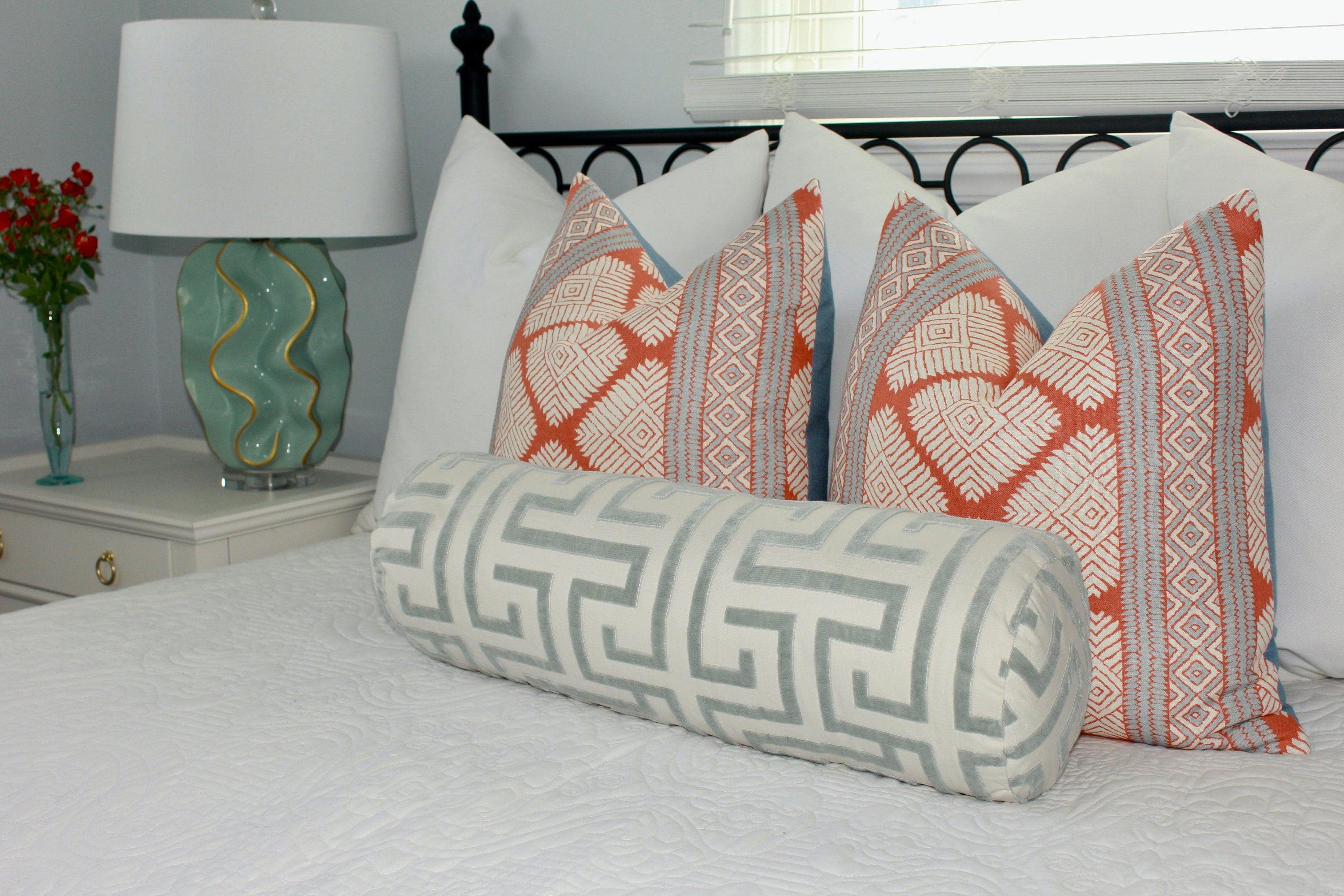 Thibaut Austin Striped  Pillow in Coral and Spa Blue. Lumbar Geometric Pillow Cover, Euro Sham Covers in Red and Blue, Designer Pillows