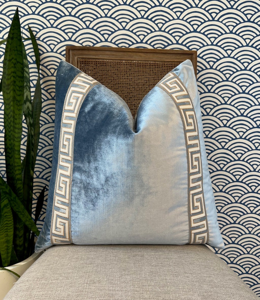 Designer Velvet Pillow in Blue with Greek Key Tape. Designer Pillows, High End Pillows, Greek Key Blue Velvet Pillow Cover, Lumbar Pillow