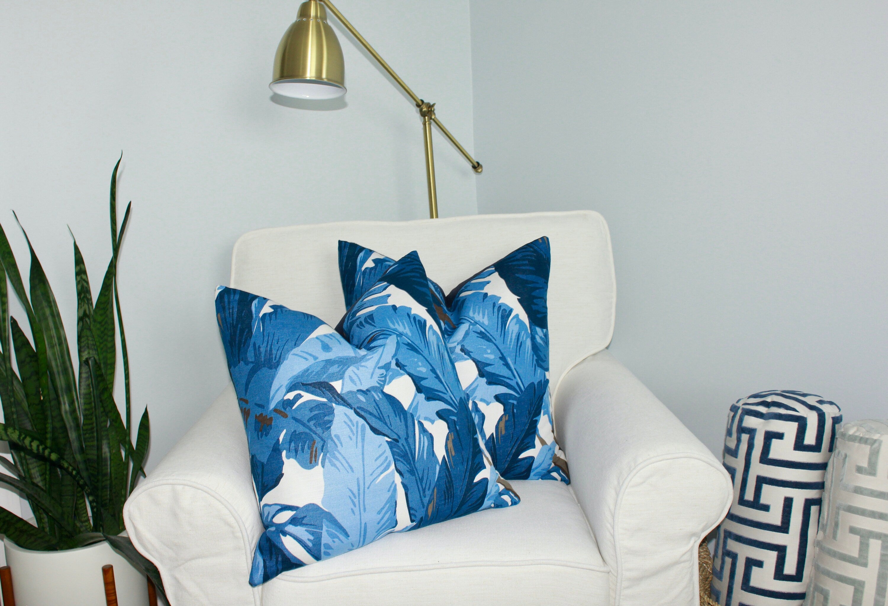 Thibaut Travelers Palm Pillow in Blue and White. Designer Pillows, Palm Leaf Cushion, High End Pillow Cover, Blue and White Pillow