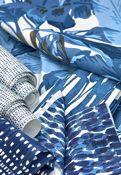 Thibaut Travelers Palm Pillow in Blue and White. Designer Pillows, Palm Leaf Cushion, High End Pillow Cover, Blue and White Pillow