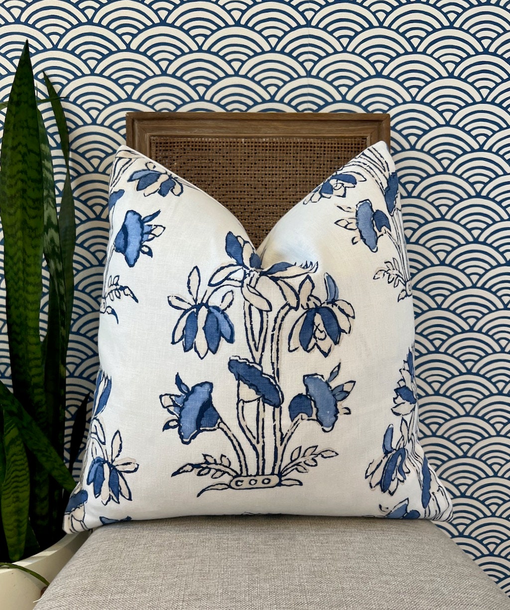 Thibaut Lily Flower Pillow in Blue and White. Designer Pillows, Accent Floral Pillow in Blue,  Euro Sham Cushion Cover, High End Pillows