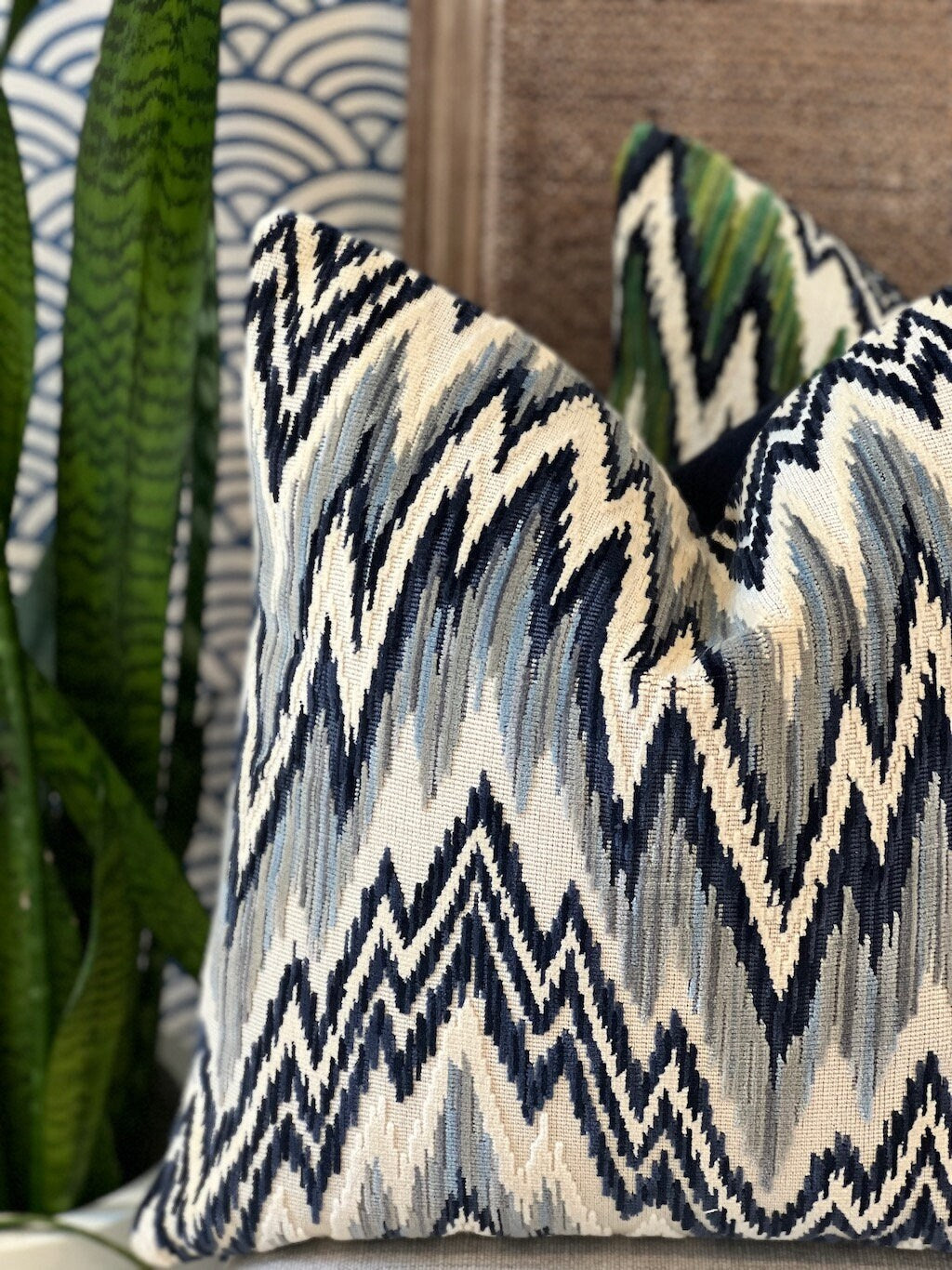 Thibaut Rhythm Velvet Pillow in Sterling and Navy. Designer Pillows // Zig Zag Velvet Pillow Covers // High End Pillows // Blue Gray Pillows