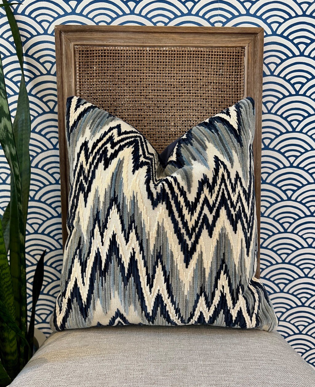 Thibaut Rhythm Velvet Pillow in Sterling and Navy. Designer Pillows // Zig Zag Velvet Pillow Covers // High End Pillows // Blue Gray Pillows