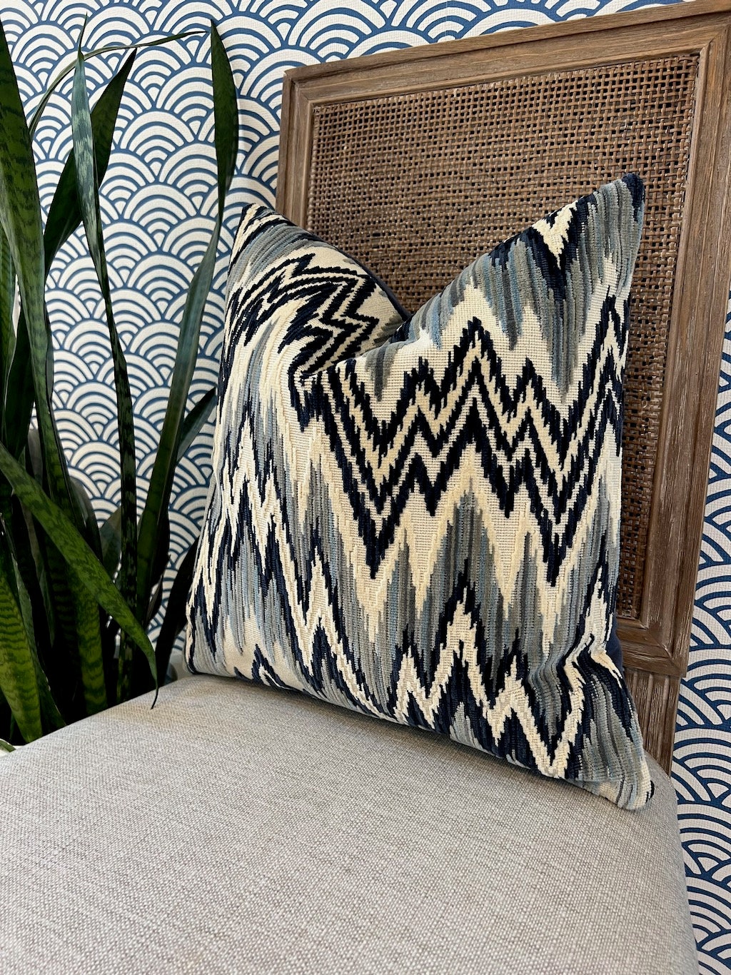 Thibaut Rhythm Velvet Pillow in Sterling and Navy. Designer Pillows // Zig Zag Velvet Pillow Covers // High End Pillows // Blue Gray Pillows