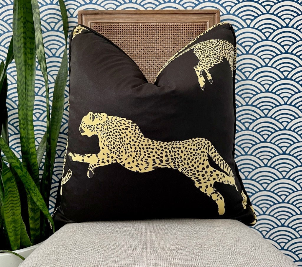 Scalamandre Leaping Cheetah in Black Magic. Designer Pillows, High End Pillows, Black Animal Print Pillows, Lumbar Cheetah Pillows Black