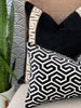 Load image into Gallery viewer, Designer Velvet Pillow in Black, Greek Key Tape. Designer Pillows, High End Pillows, Black Velvet Pillow Cover, Contemporary Pillow