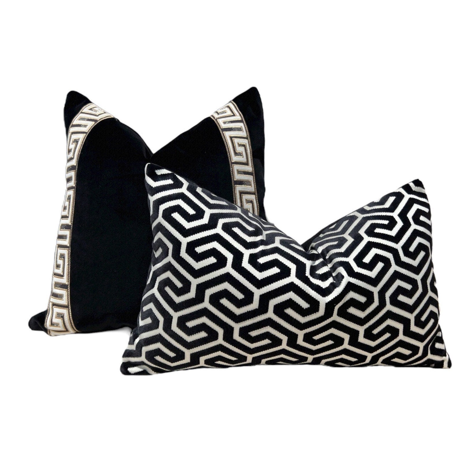Designer Velvet Pillow in Black, Greek Key Tape. Designer Pillows, High End Pillows, Black Velvet Pillow Cover, Contemporary Pillow