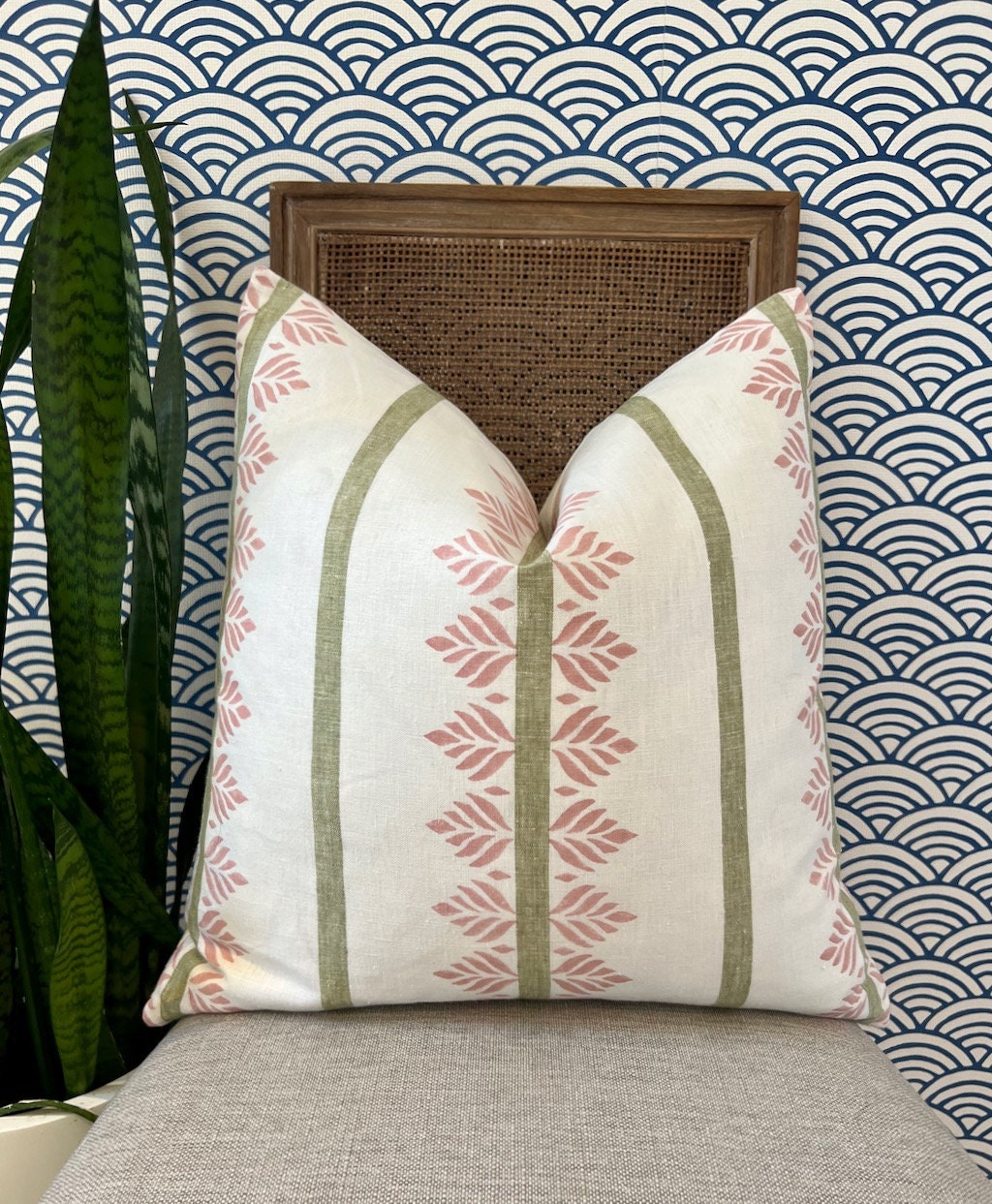 Designer Fern Stripe Pillow in Blush. Accent Stripe Pillow, Decorative Pillow Cover, Designer Pillows, Designer Lumbar Pillow Green Pink