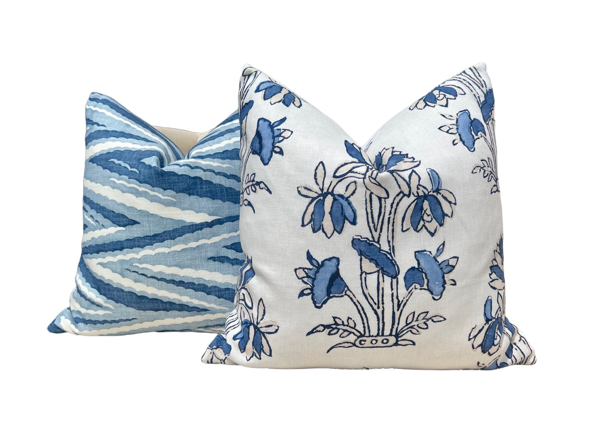 Thibaut Lily Flower Pillow in Blue and White. Designer Pillows, Accent Floral Pillow in Blue,  Euro Sham Cushion Cover, High End Pillows