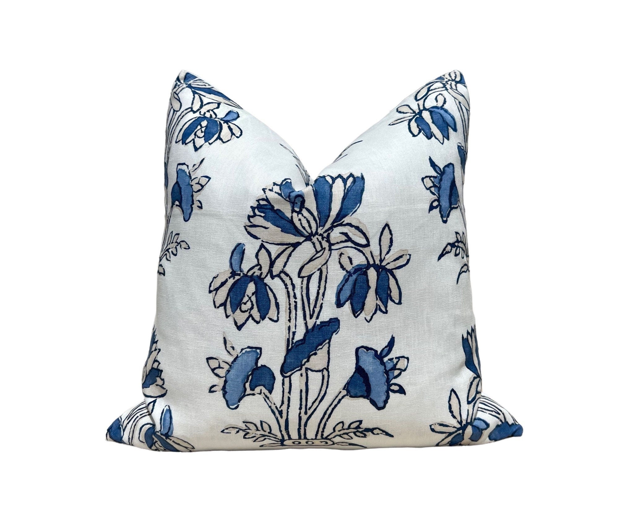 Thibaut Lily Flower Pillow in Blue and White. Designer Pillows, Accent Floral Pillow in Blue,  Euro Sham Cushion Cover, High End Pillows