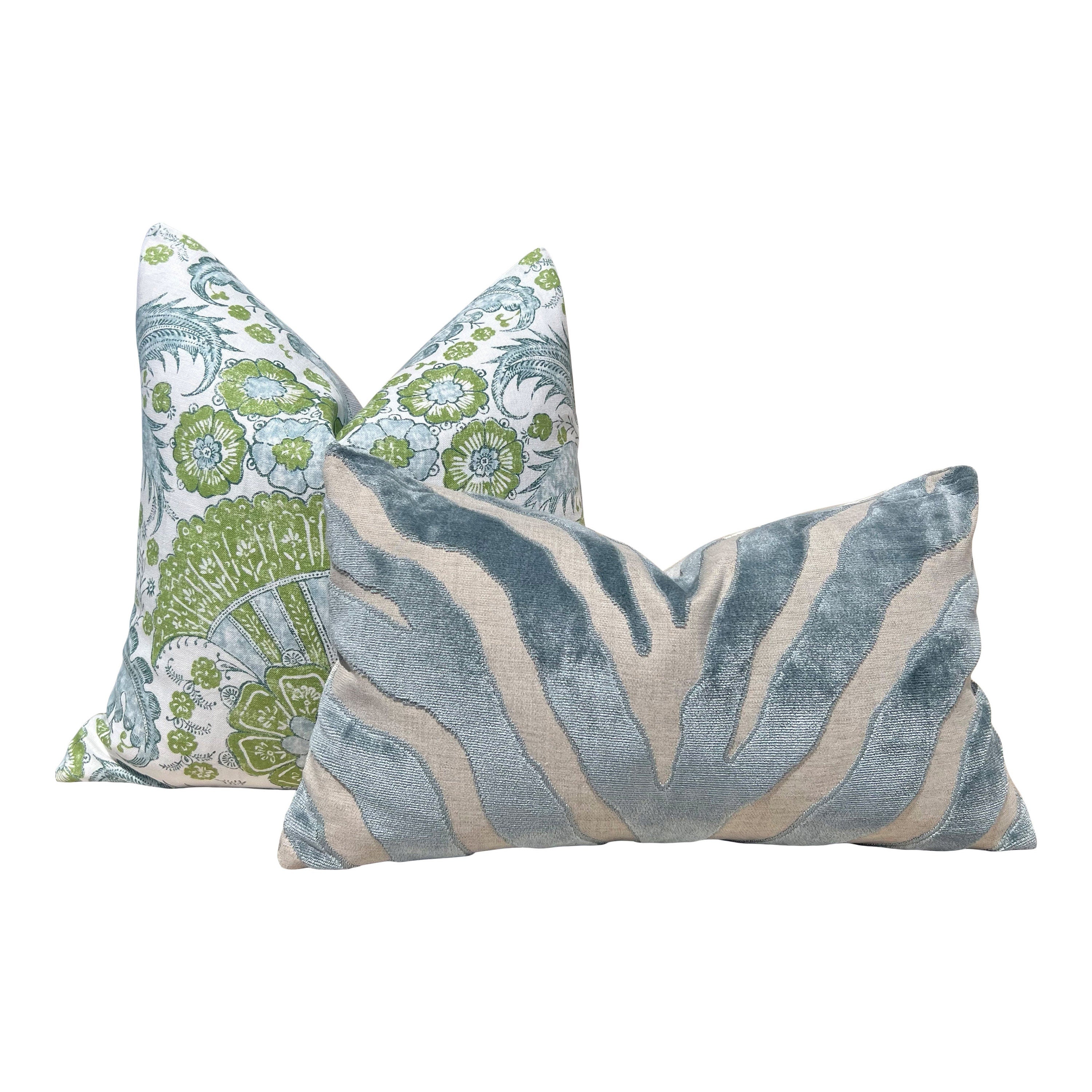 Schumacher Calicut Linen Pillow in Aqua and Green. Designer Pillows, High End Pillows, Aqua Blue Floral Pillow, Modern Floral Pillow