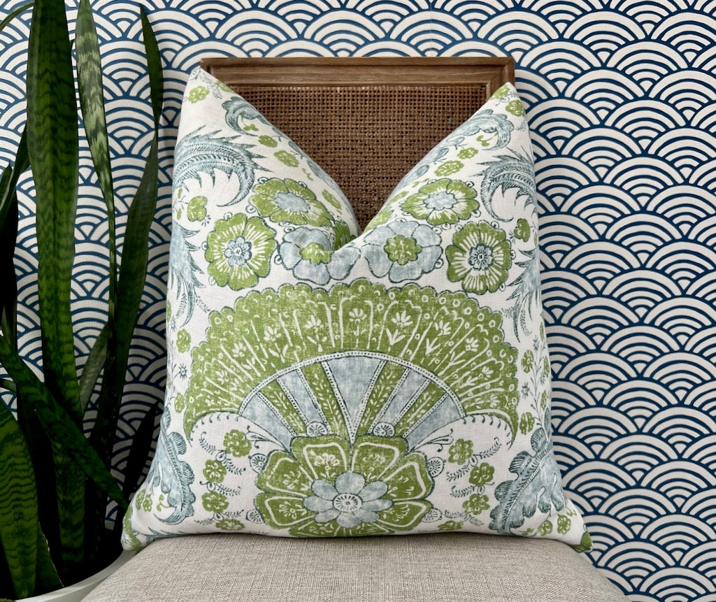 Schumacher Calicut Linen Pillow in Aqua and Green. Designer Pillows, High End Pillows, Aqua Blue Floral Pillow, Modern Floral Pillow