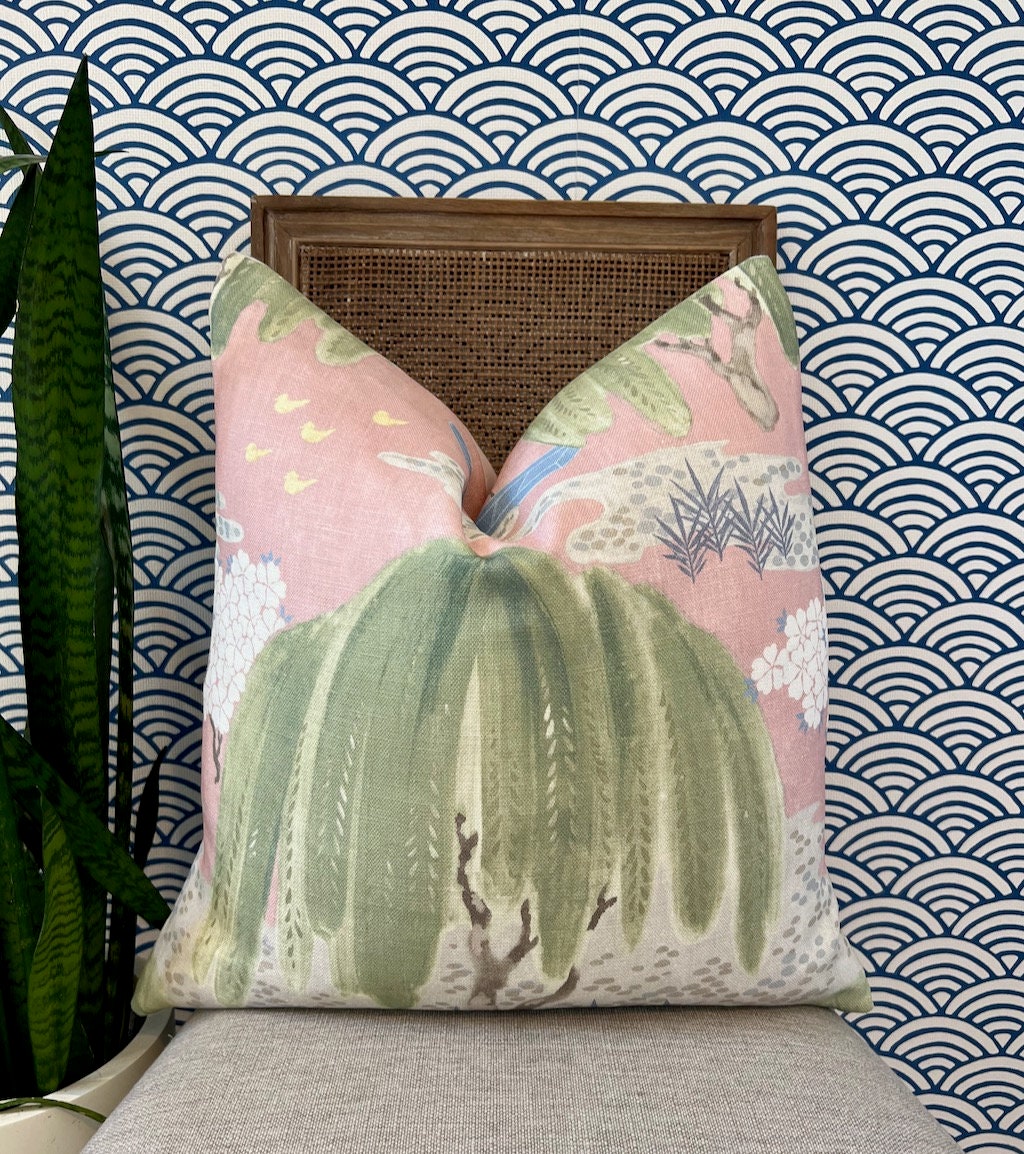 Thibaut Willow Tree Pillow in Blush. Designer Pillows, High End Pillows, Floral Pillow in Pink, Green and Blue, Lumbar Floral Pillow