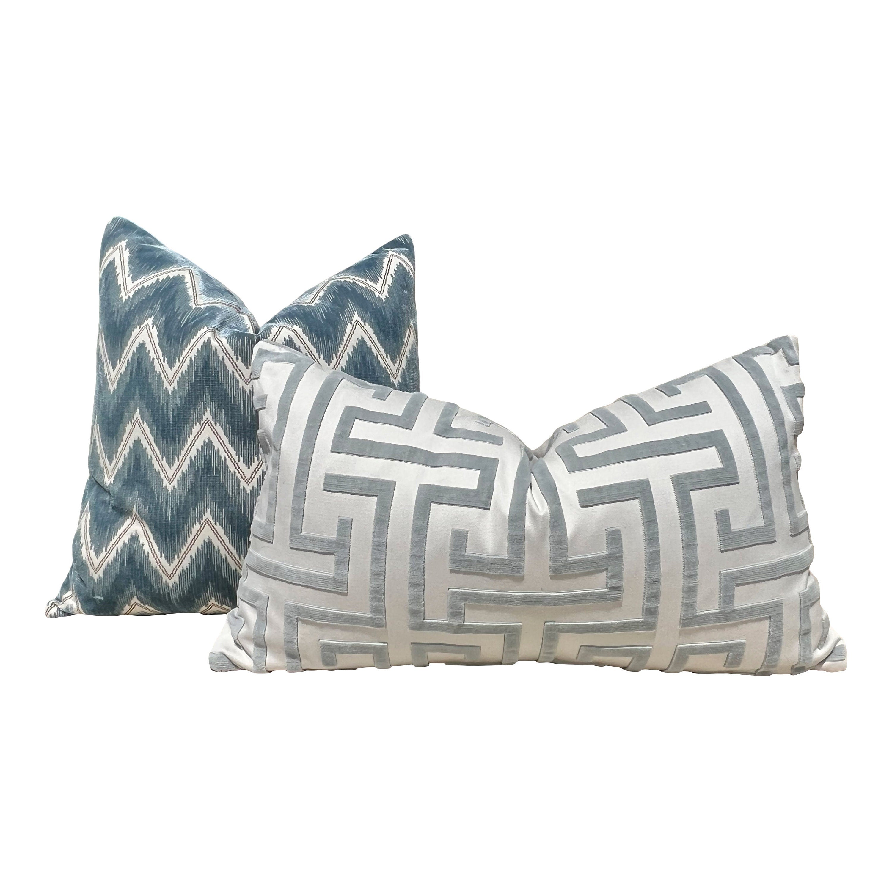 Schumacher Chevron Velvet Pillow in Mineral. Designer Velvet Pillow, Zig Zag Velvet Pillow Cover, Modern Lumbar Pillow, Contemporary Pillows