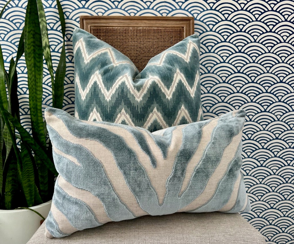 Schumacher Chevron Velvet Pillow in Mineral. Designer Velvet Pillow, Zig Zag Velvet Pillow Cover, Modern Lumbar Pillow, Contemporary Pillows